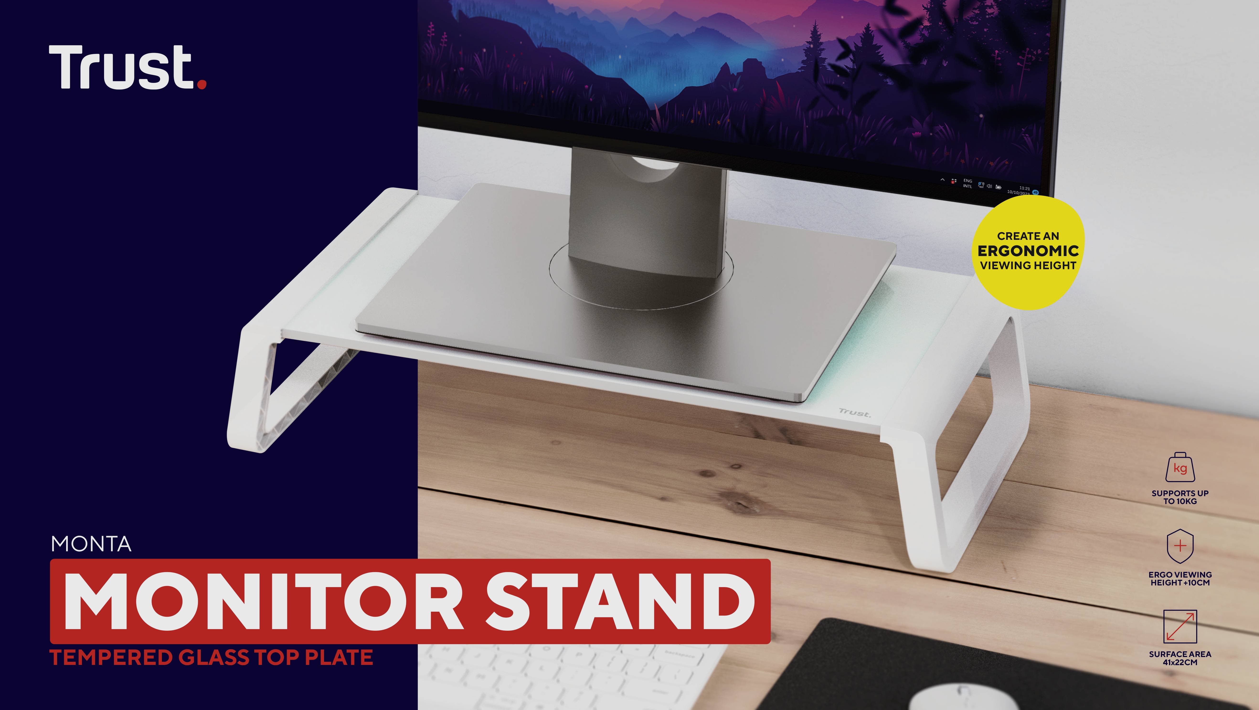 Un support de moniteur plat en verre trempé avec un châssis blanc. Un moniteur est posé sur le support. Un ordinateur portable est placé sous le moniteur.