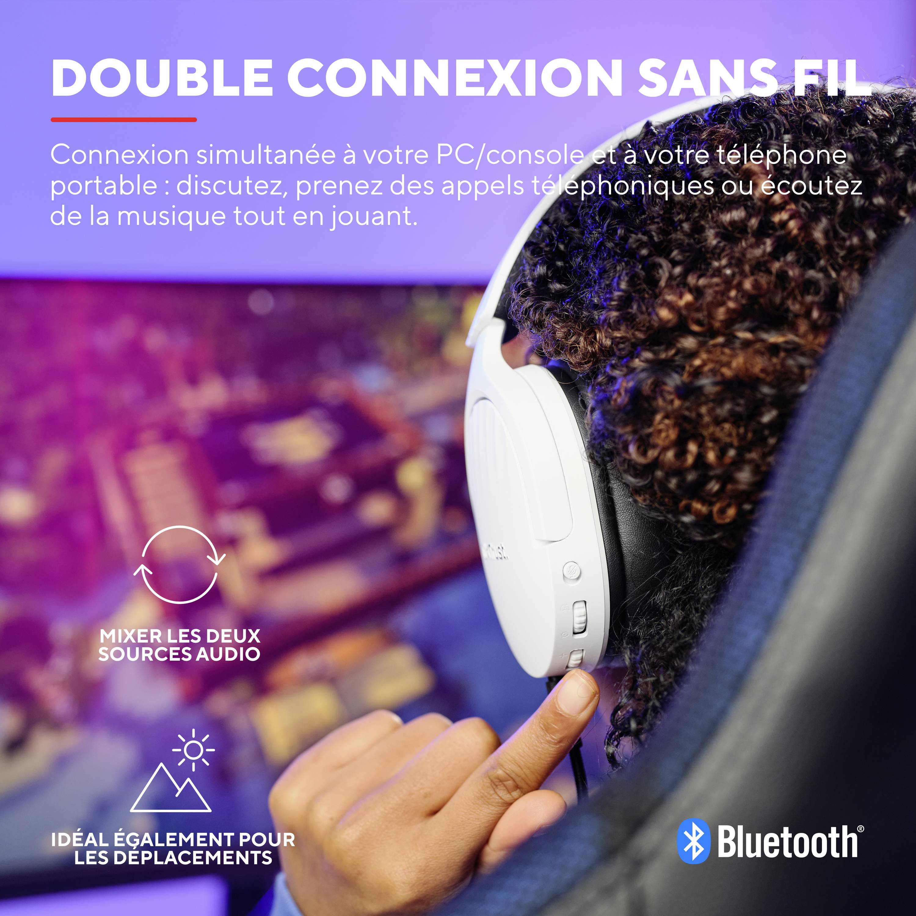Trust GXT491 FAYZO Micro-casque supra-auriculaire Bluetooth Virtual Surround blanc son surround, mise en sourdine du microphone