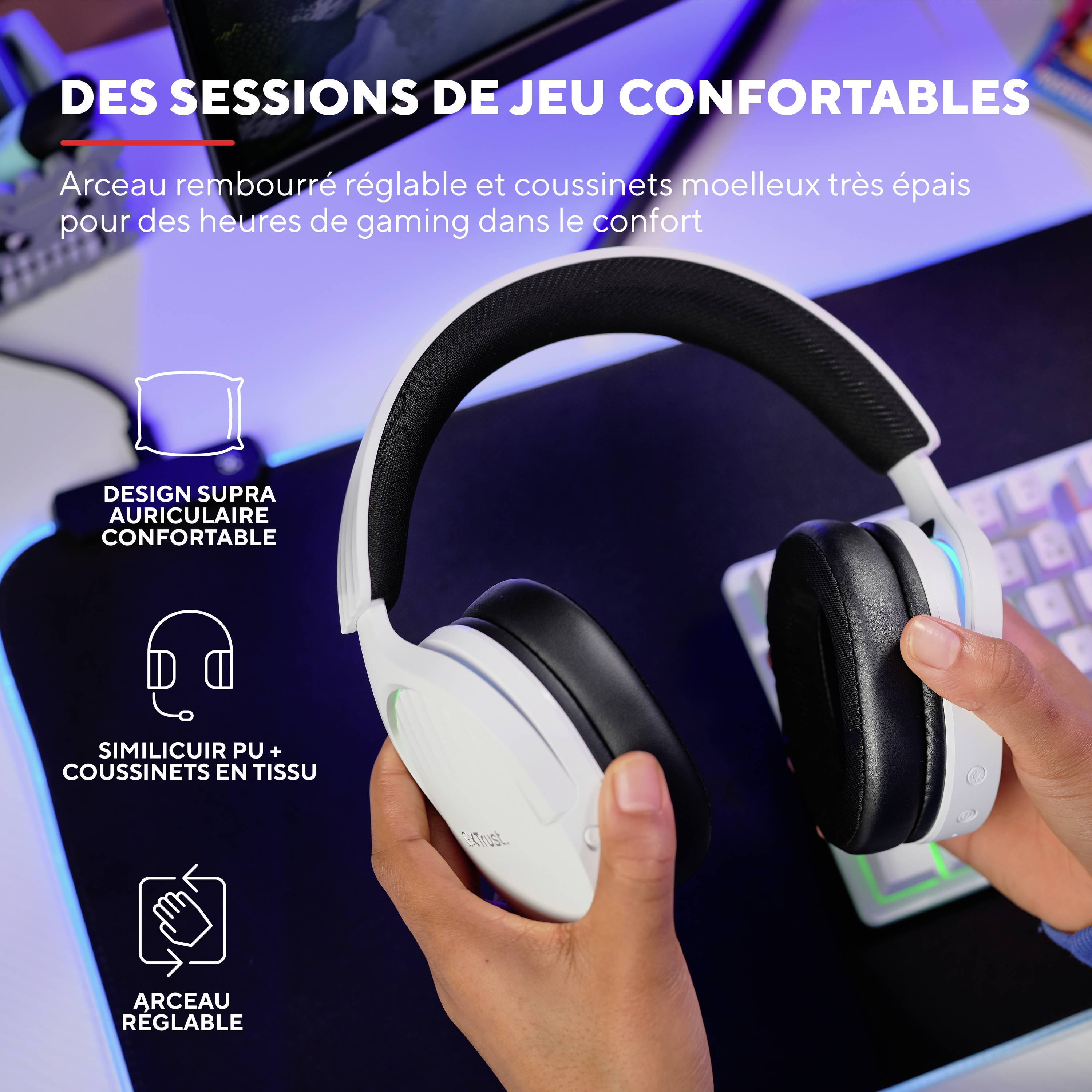 Trust GXT491 FAYZO Micro-casque supra-auriculaire Bluetooth Virtual Surround blanc son surround, mise en sourdine du microphone