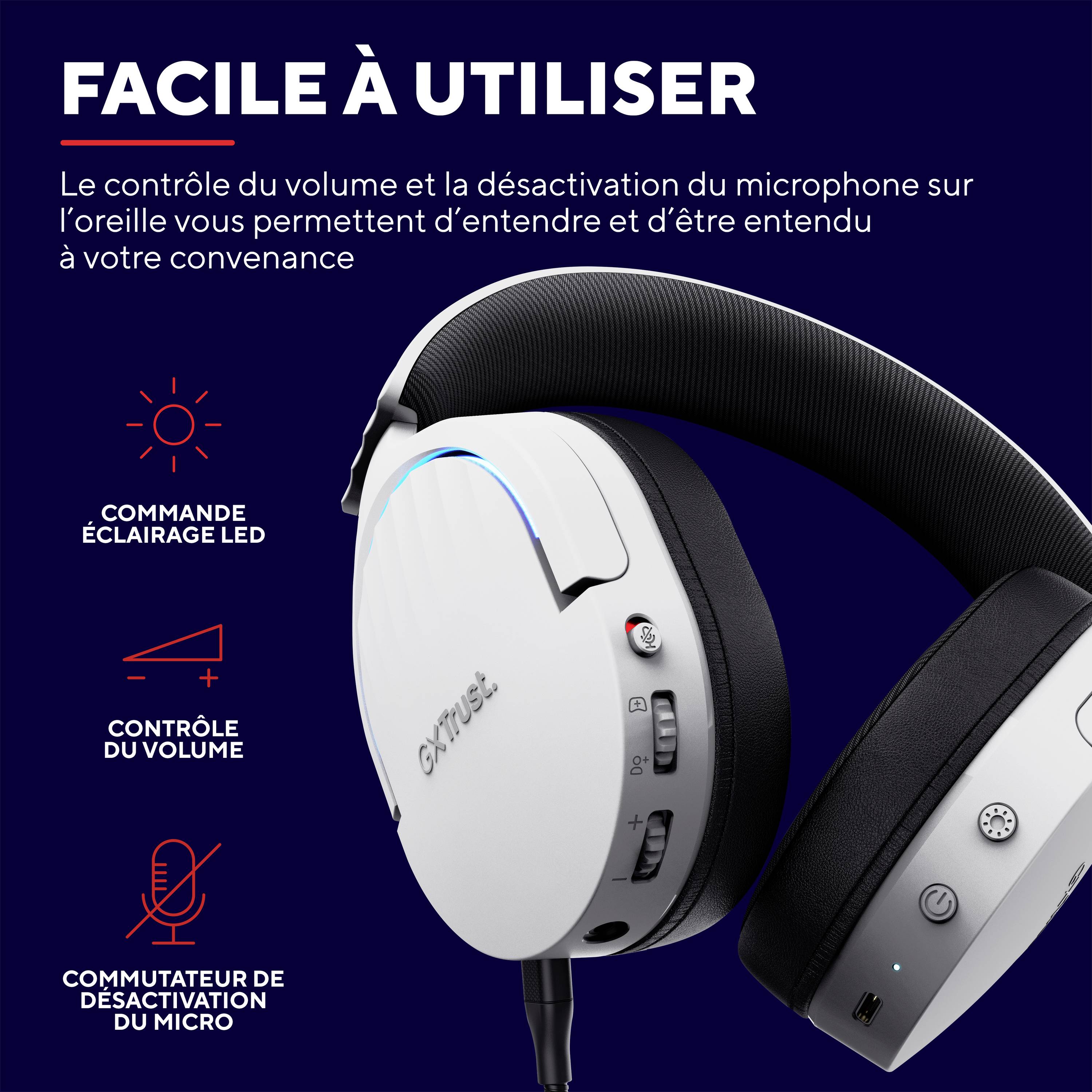 Trust GXT491 FAYZO Micro-casque supra-auriculaire Bluetooth Virtual Surround blanc son surround, mise en sourdine du microphone