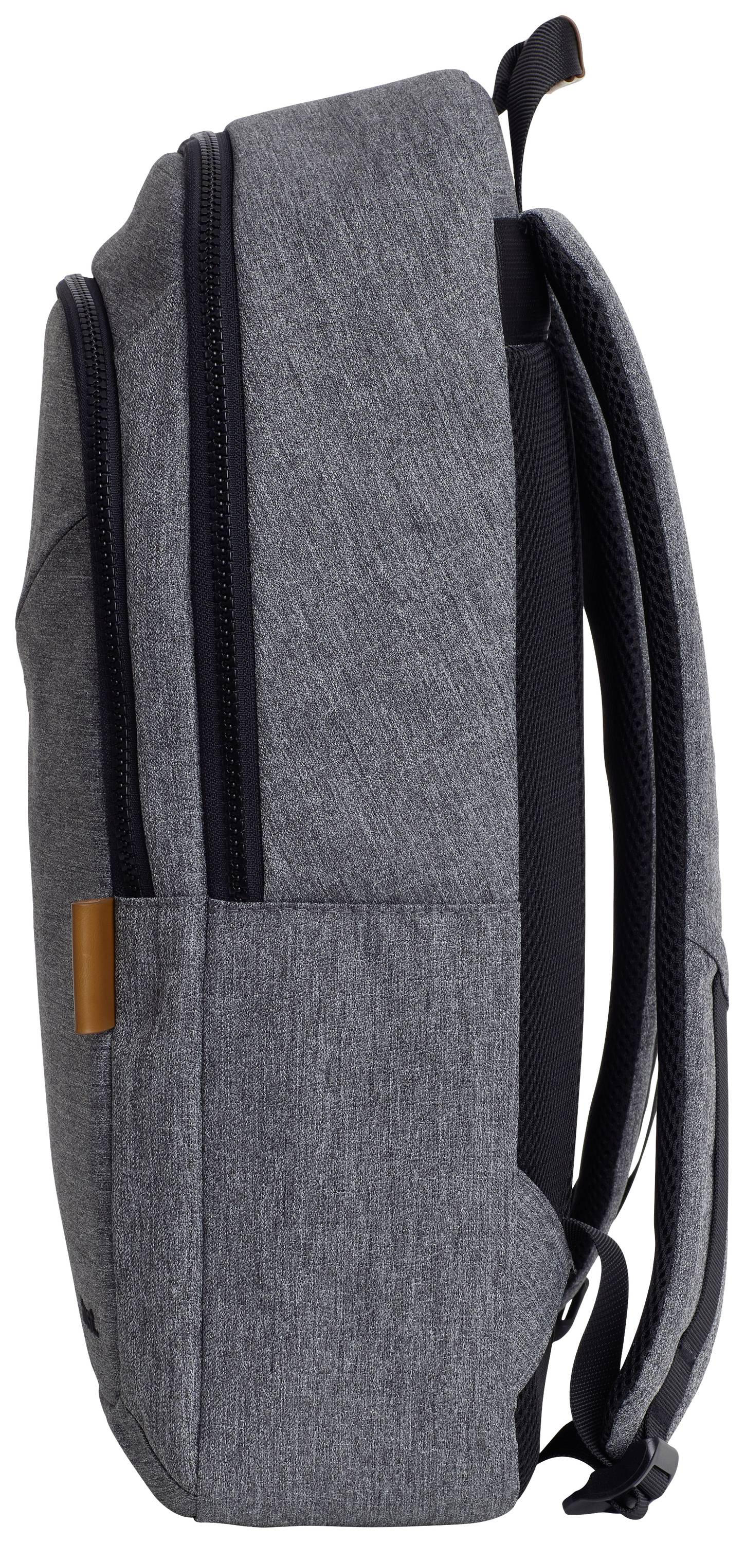 Sac à dos gris en vue de profil avec compartiments à fermeture éclair et sangles d'épaules rembourrées, adapté à un usage quotidien.