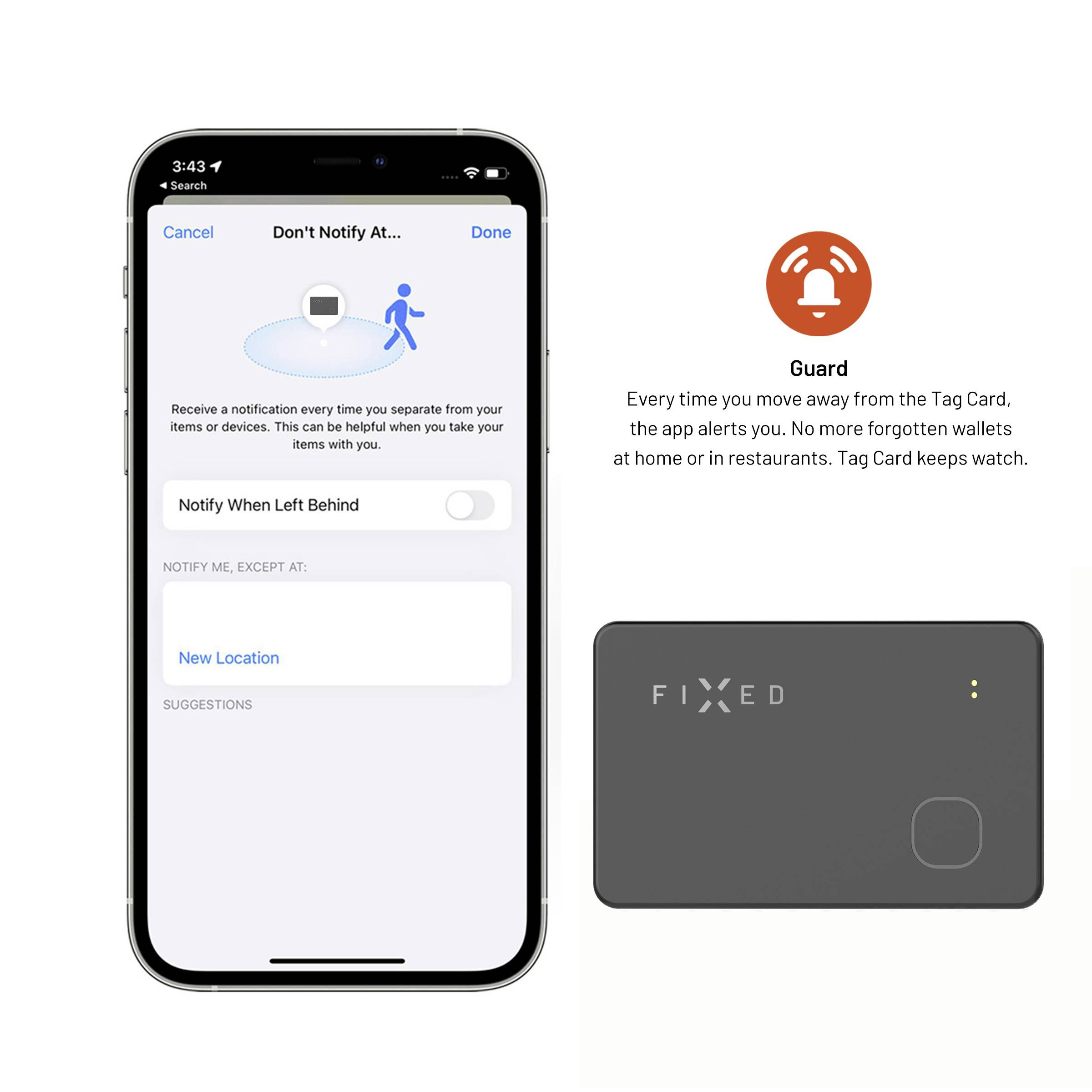 L'image montre un smartphone avec des paramètres de notifications et un tracker noir de suivi journalier. Le tracker aide à ne pas oublier des objets.