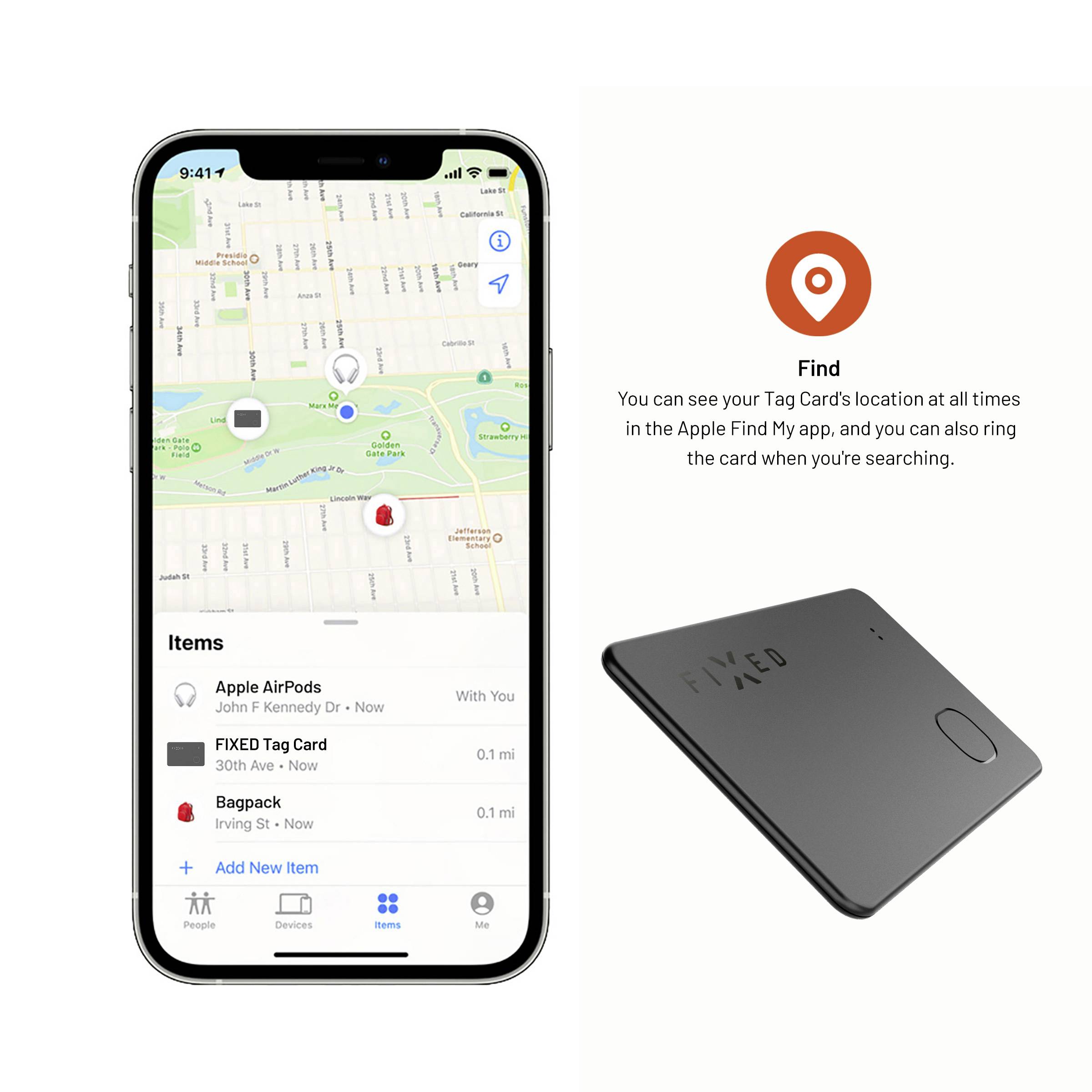 Un smartphone affiche une application de cartographie avec des marqueurs d'emplacements d'appareils. À côté, une étiquette noire portant l'inscription 'FIXED'.