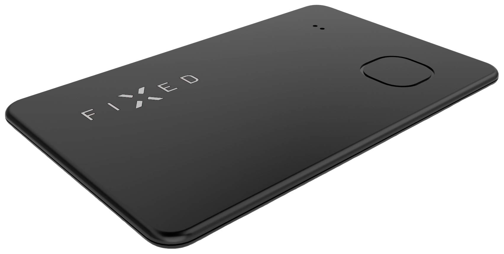 Un appareil plat et noir portant l'inscription 'FIXED' avec un grand bouton. Pourrait être utilisé comme un tracker ou quelque chose de similaire.