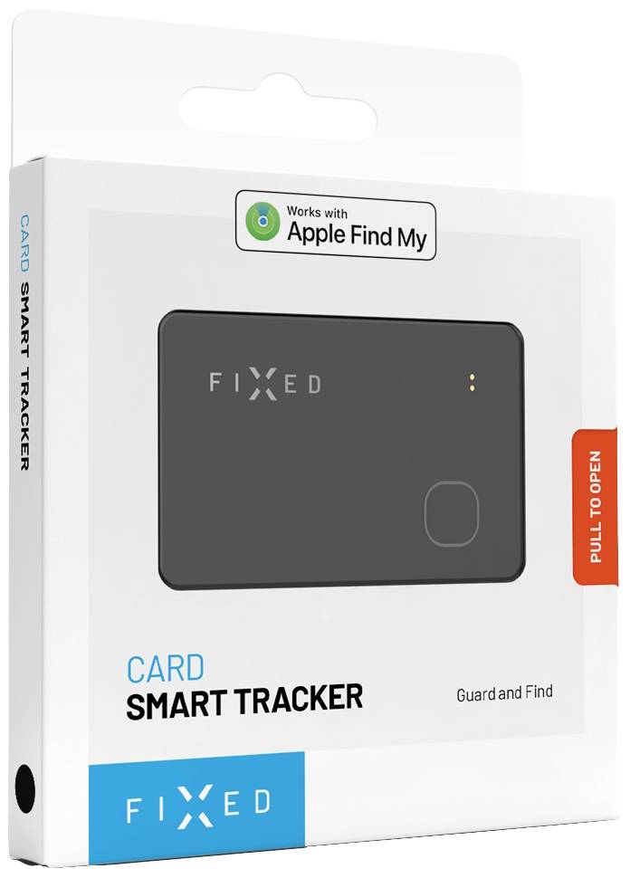 Emballage d'un tracker noir de la marque 'FIXED CARD', compatible avec 'Apple Find My'. Comprend un curseur pour l'ouverture.