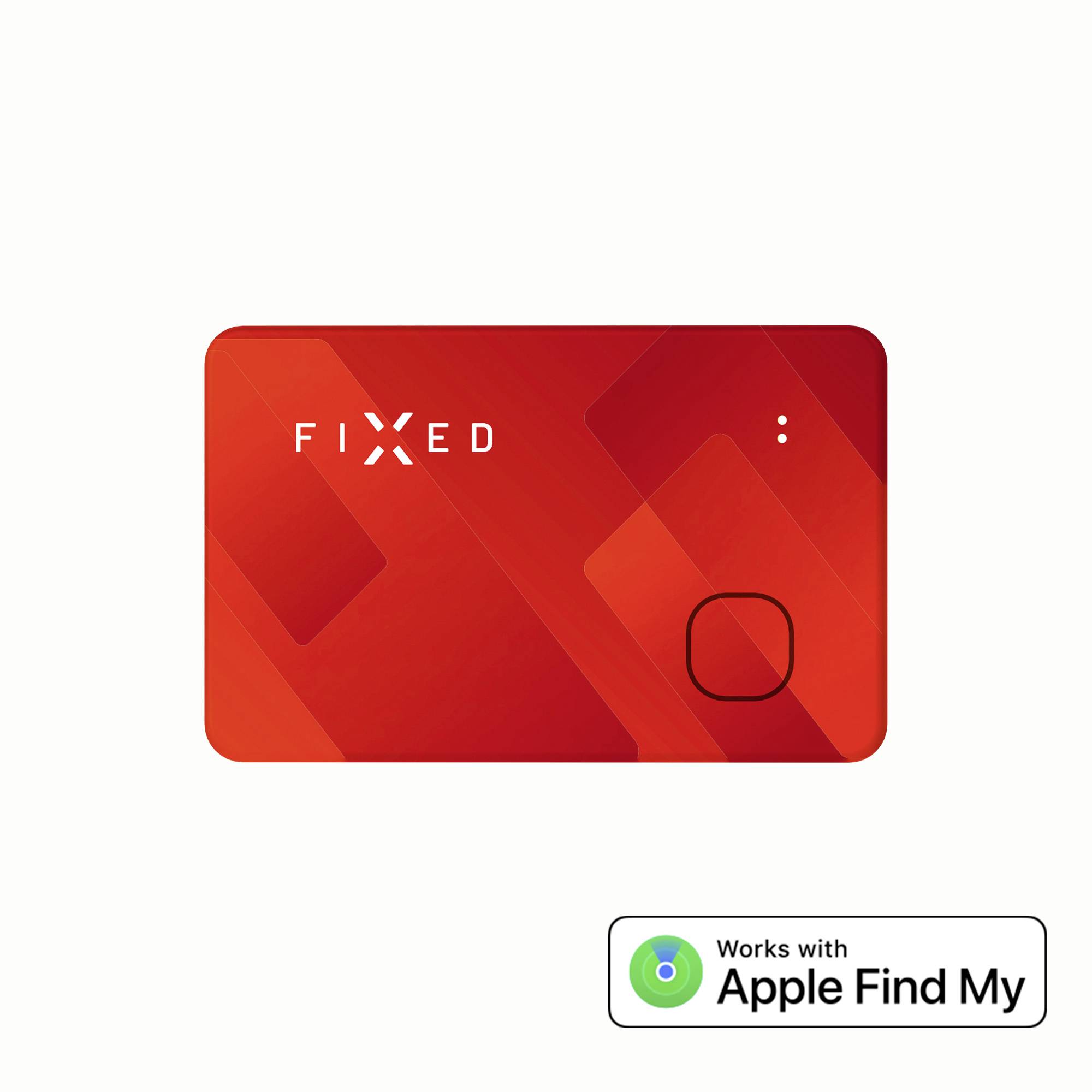 Un appareil rouge rectangulaire portant l'inscription 'FIXED' avec un carré en bas à droite. En bas, un symbole indiquant 'Fonctionne avec Apple Find My'.