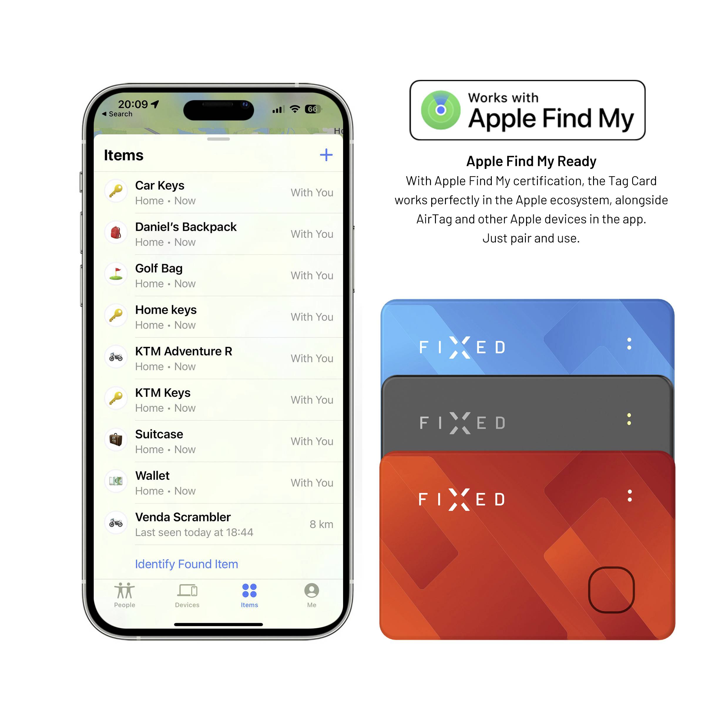 L'iPhone affiche une liste d'objets avec des informations de localisation. À droite, trois cartes de suivi colorées portant l'inscription 'FIXED'.