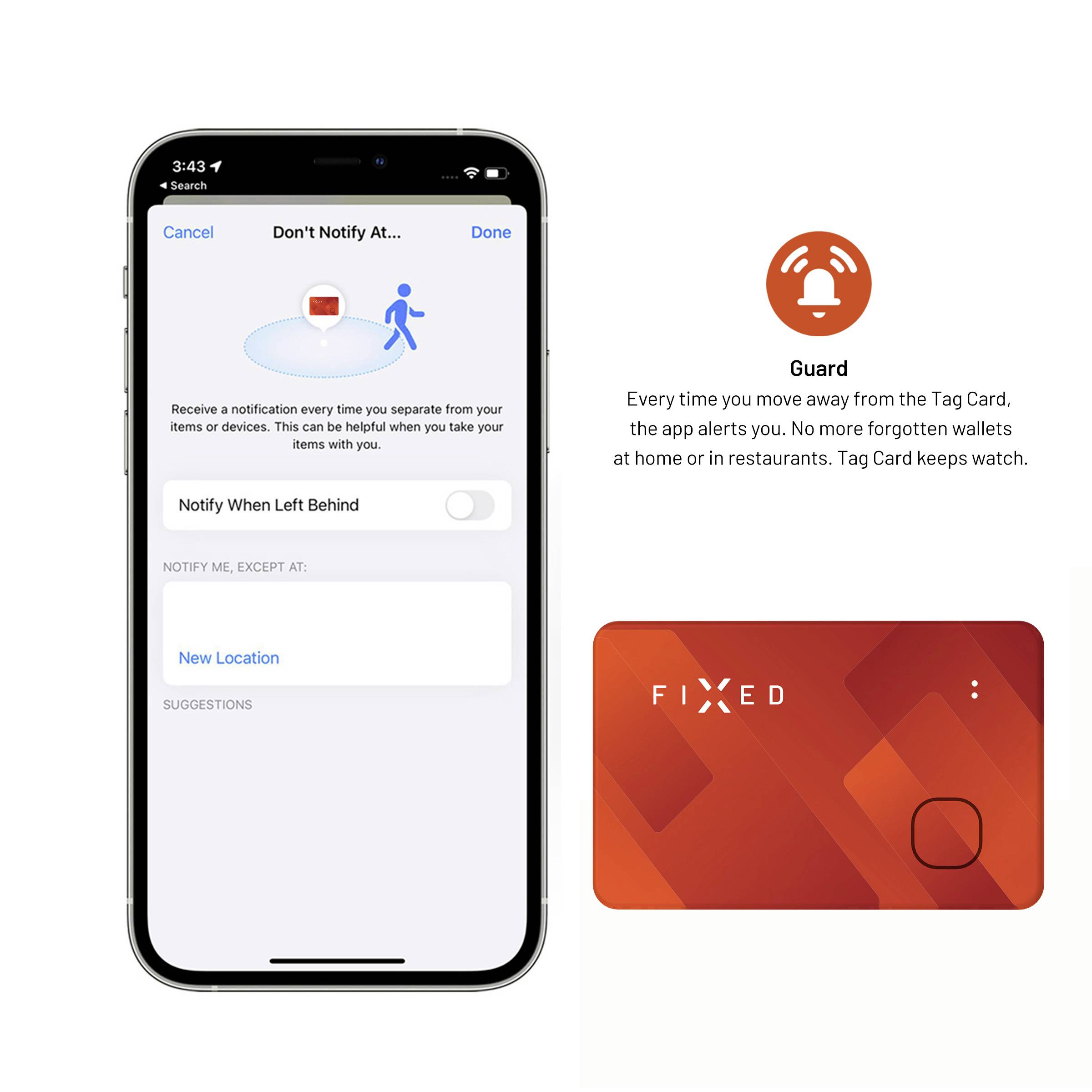 L'écran de l'iPhone affiche une option de notification pour avertir les utilisateurs lorsque des objets sont laissés en arrière. À côté, une carte rouge 'Réparé'.
