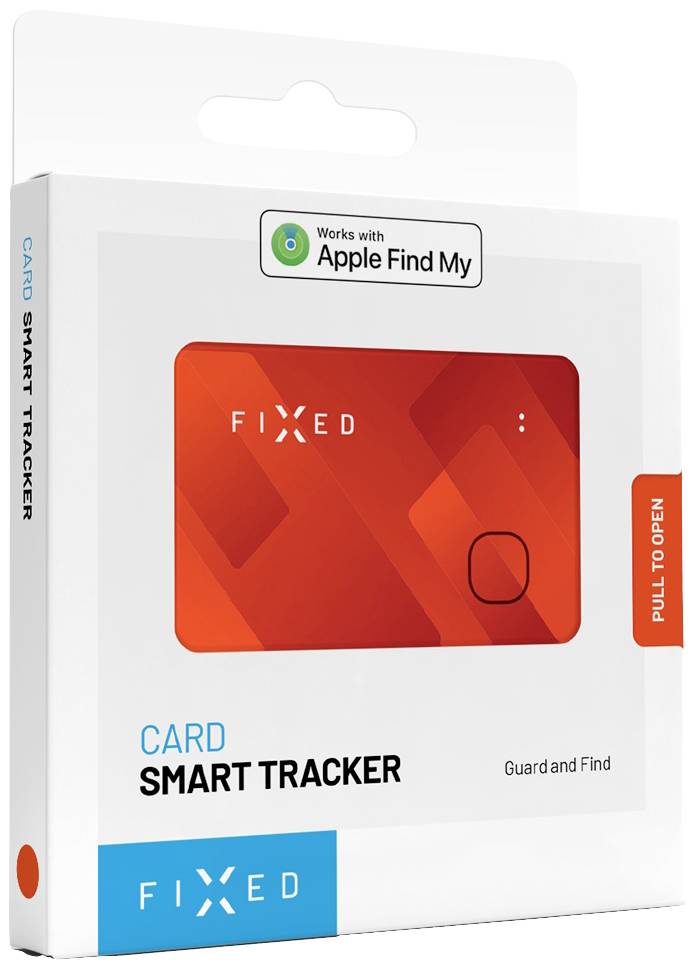 Boîte en carton d'un tracker intelligent de Fixed. Inscription : 'Card Smart Tracker'. Fonctionne avec 'Apple Find My'.
