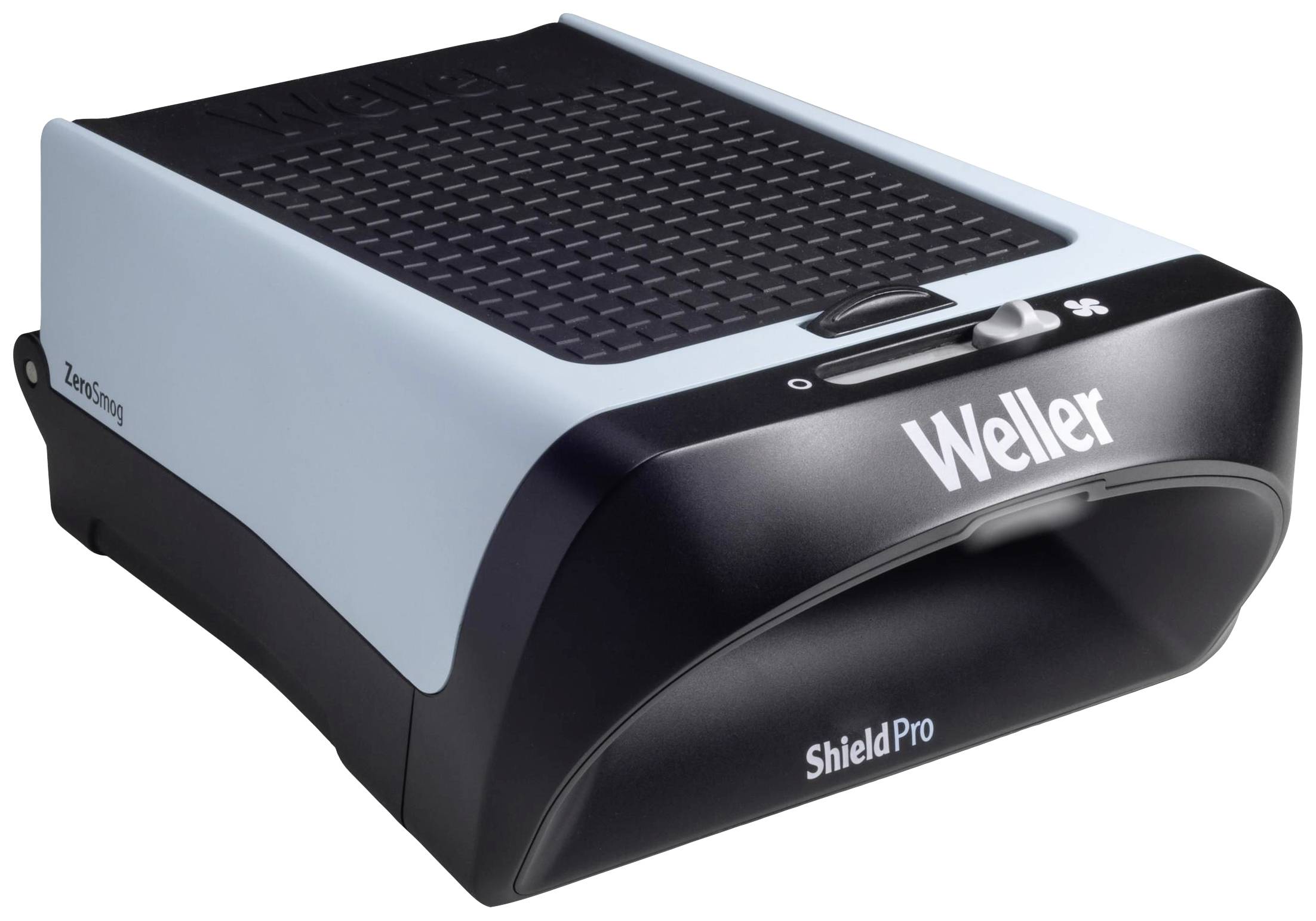Un appareil électronique portant l'inscription 'Weller Shield Pro', principalement noir avec des touches bleues, est destiné à la filtration de l'air.