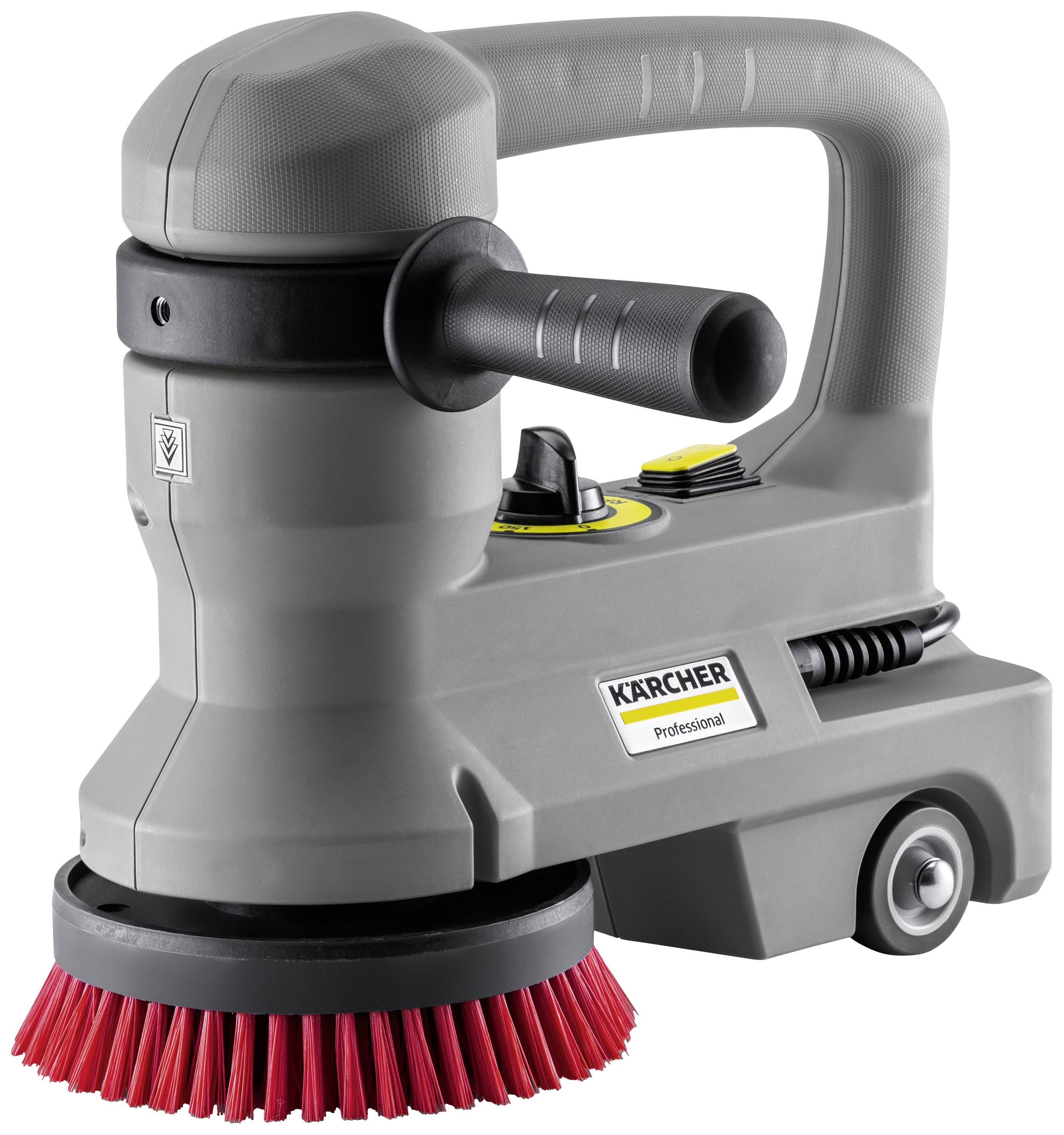 Un aspirateur à sec portable gris avec une brosse rouge en bas, une poignée ergonomique et le logo Kärcher, utilisé pour le nettoyage professionnel.