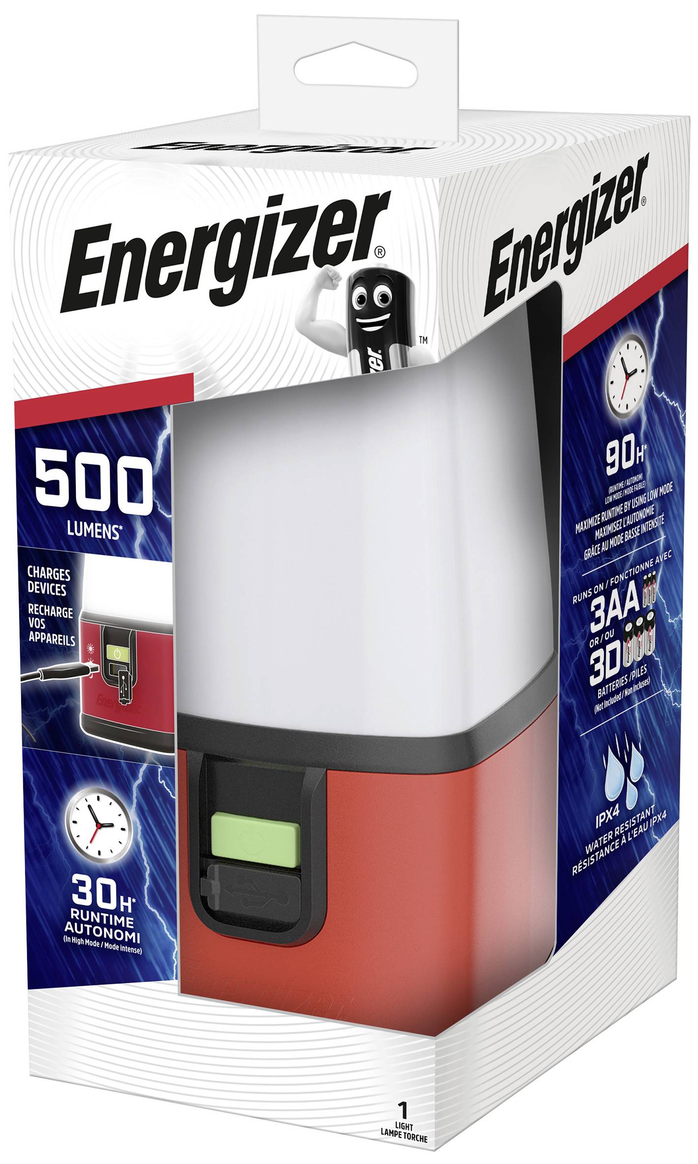 Lanterne Energizer de 500 lumens, corps rouge et blanc, rechargeable, autonomie jusqu'à 30 heures, nécessite 3 piles AA, comme illustré sur l'emballage.