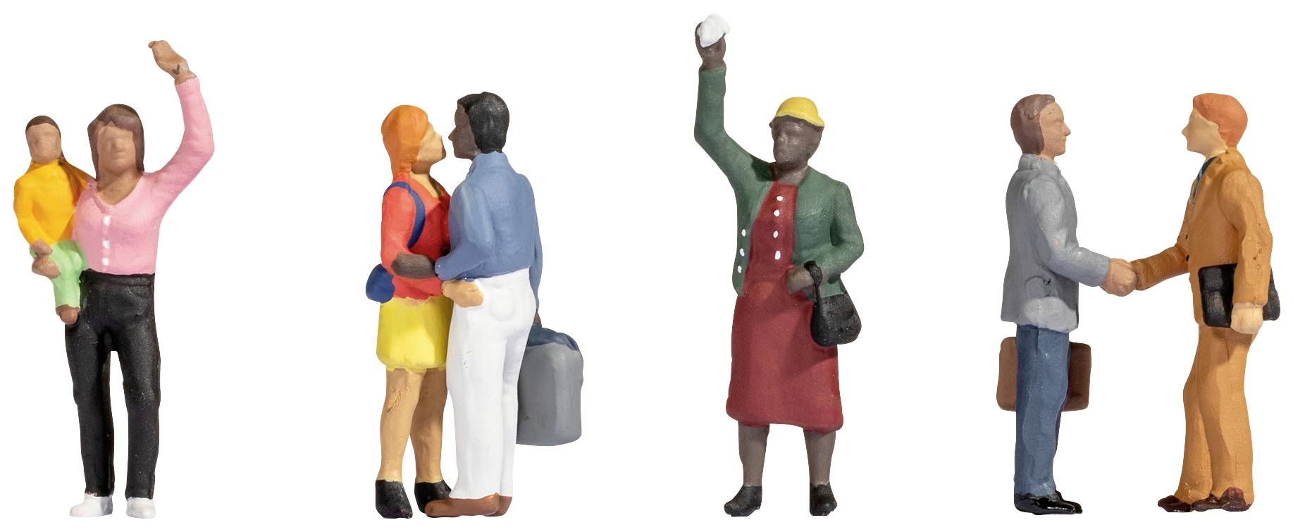 Quatre personnages : Une femme avec un enfant, un couple s'enlace, une personne salue avec une casquette, deux hommes se serrent la main.