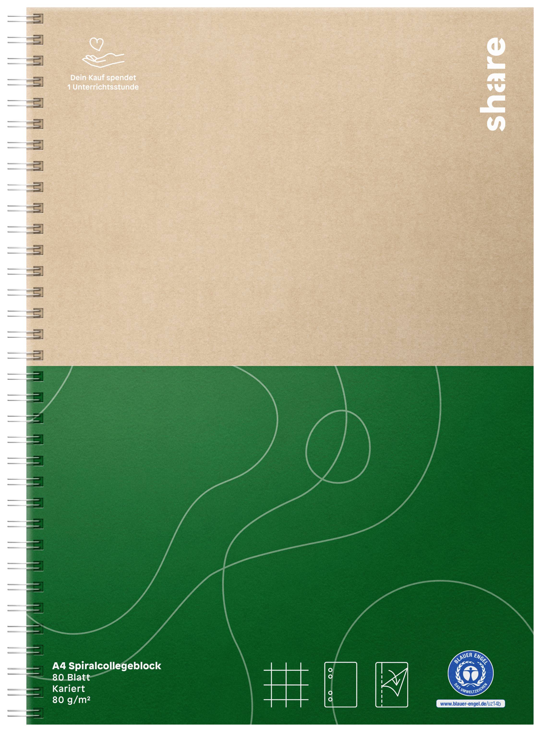 Cahier A4 à spirales, 80 feuilles, quadrillé, 80 g/m², couverture marron et verte, logo Share en haut à droite.