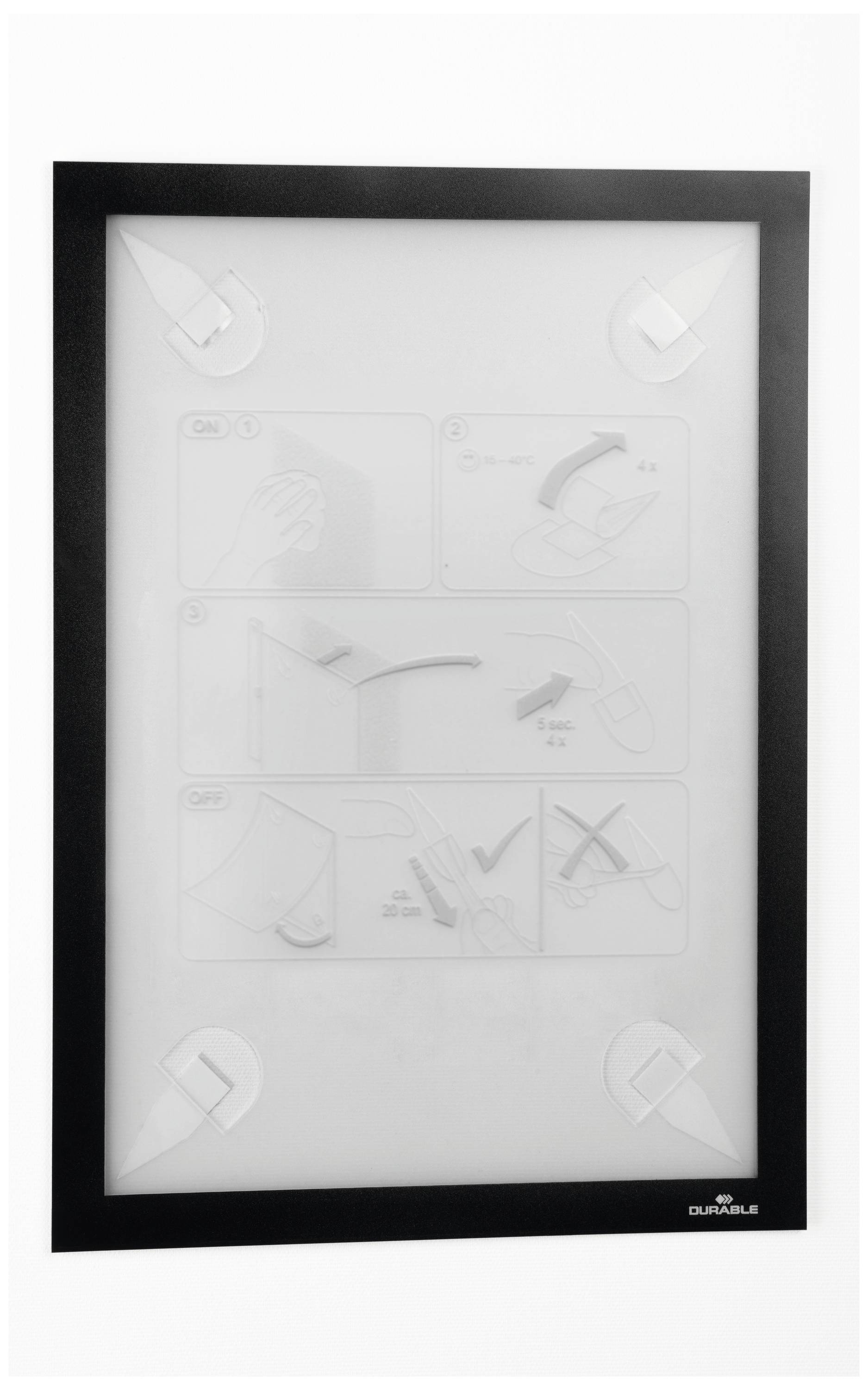 Instructions pour le montage mural d'un cadre pliable avec illustrations : Retirer le film de protection, Insérer le papier, Fermer le cadre.