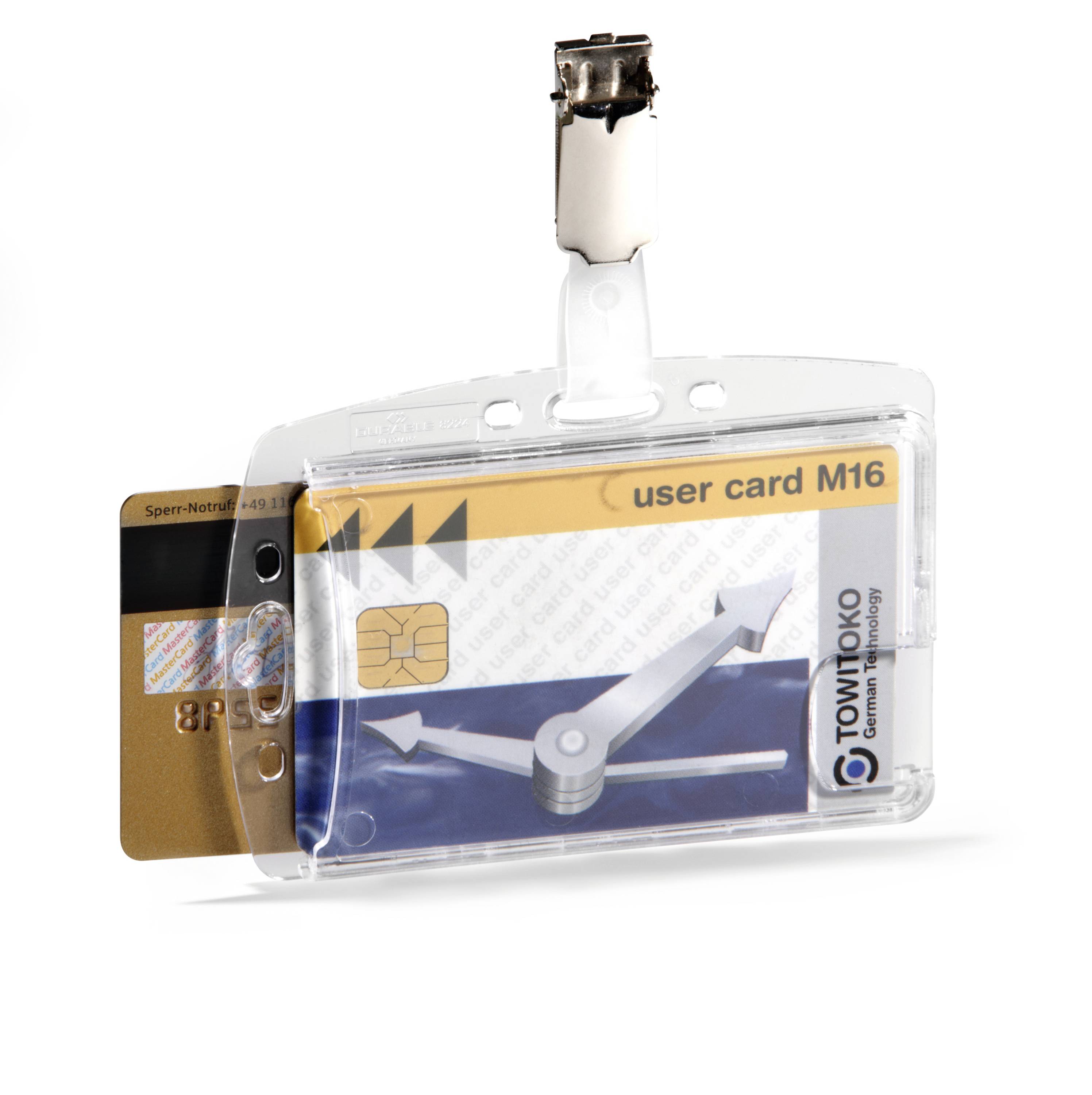 Porte-cartes contenant une carte utilisateur M16 et une carte de crédit, toutes deux insérées côte à côte dans le support.