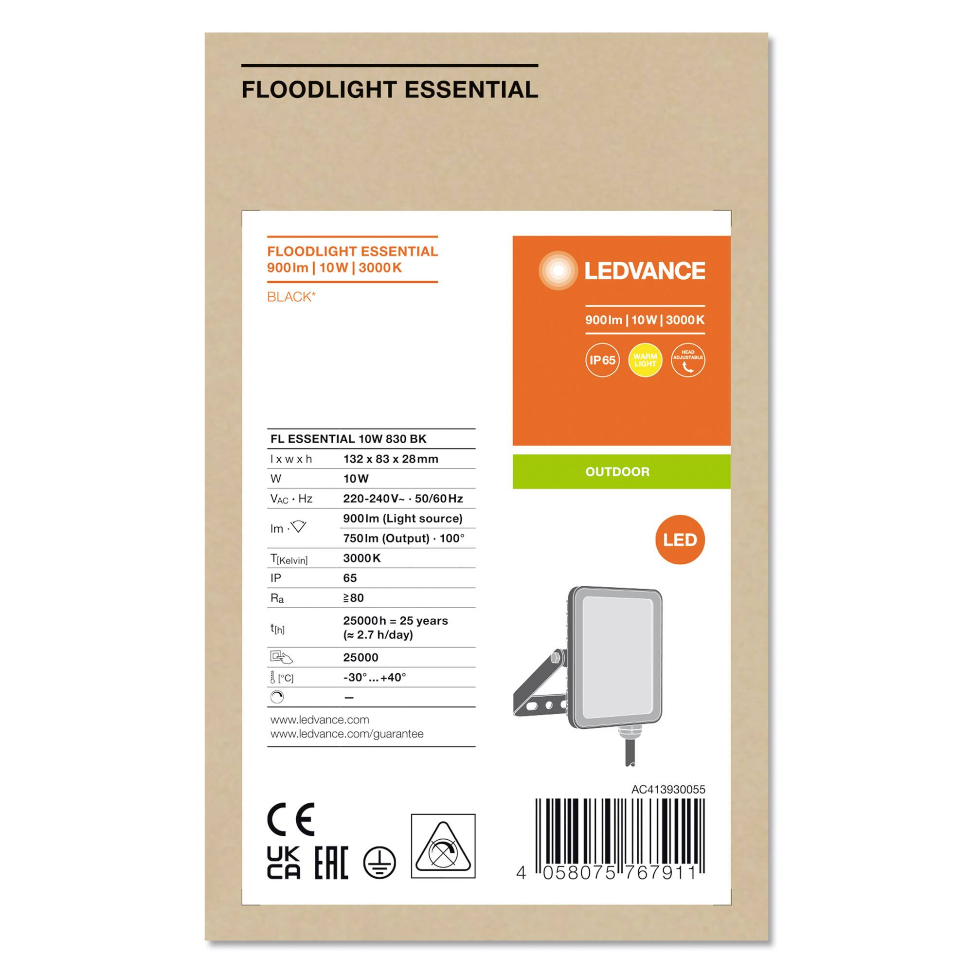 LEDVANCE FL Essential 4058075767911 Projecteur d'éclairage LED 10 W Couleur d'éclairage (ampoule LED): blanc chaud