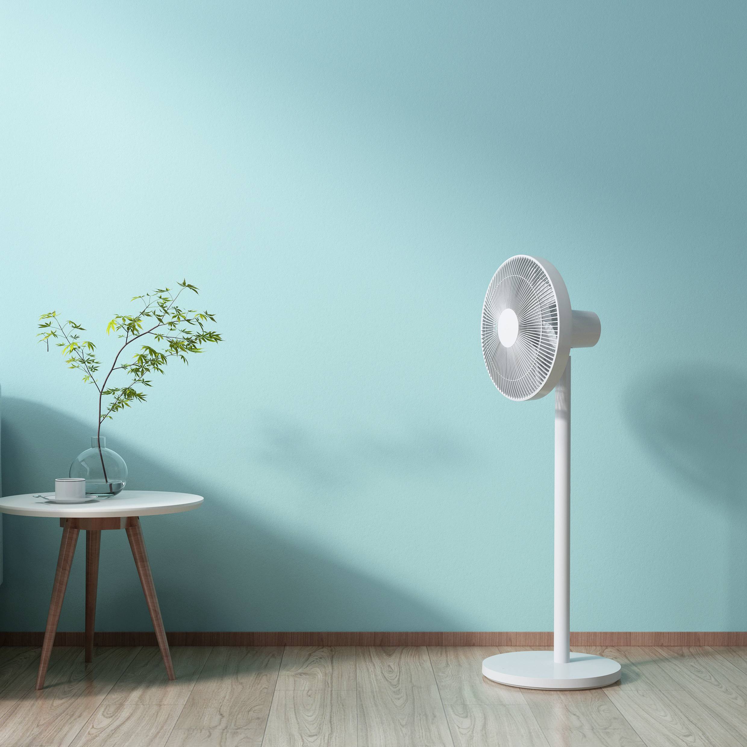 Un ventilateur sur pied blanc est placé dans une pièce dont le mur est de couleur turquoise. À sa gauche se trouve une petite table sur laquelle est posée une plante.