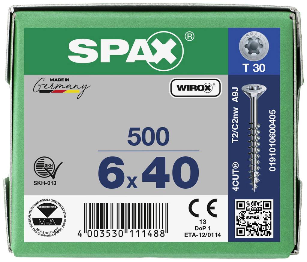 SPAX 0191010600405 Vis à bois 6 mm 40 mm T-STAR plus acier WIROX 500 pc(s)