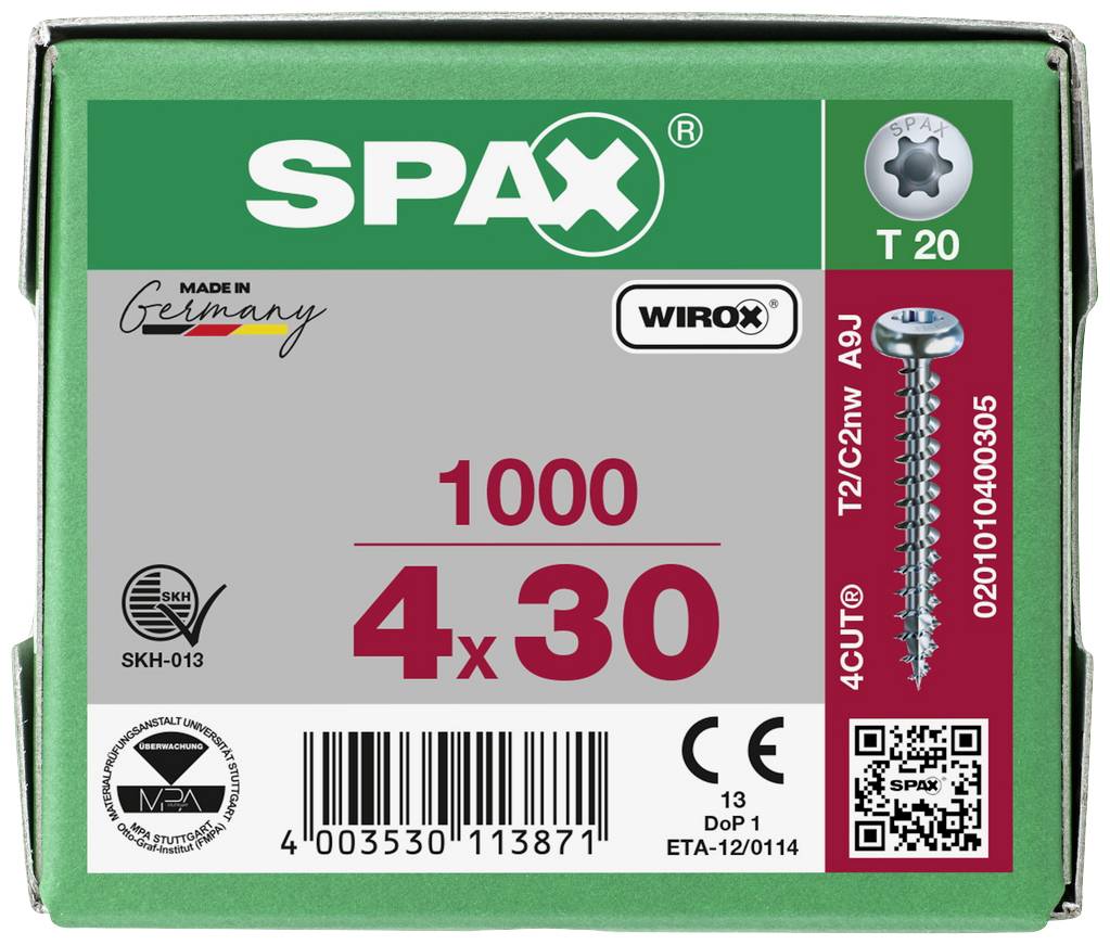 SPAX 0201010400305 Vis à bois 4 mm 30 mm T-STAR plus acier WIROX 1000 pc(s)