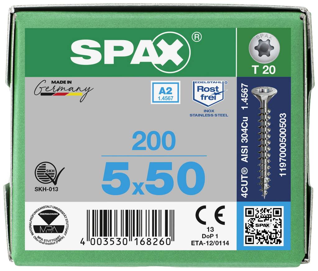 SPAX 1197000500503 Vis à bois 5 mm 50 mm T-STAR plus acier inoxydable A2 200 pc(s)