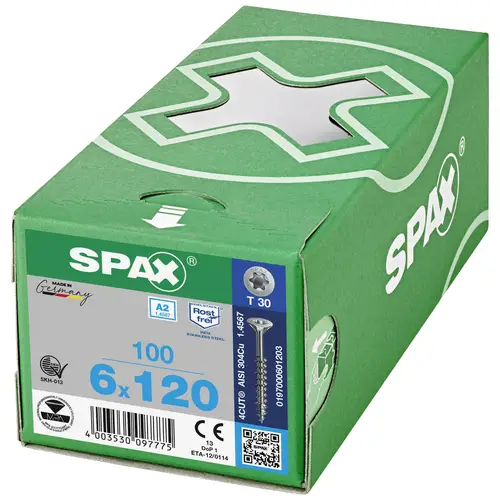 SPAX 0197000601203 Vis à bois 6 mm 120 mm T-STAR plus acier inoxydable A2 100 pc(s) SPAX 0197000601203 Vis à bois 6 mm 120 mm T-STAR plus acier inoxydable A2 100 pc(s)