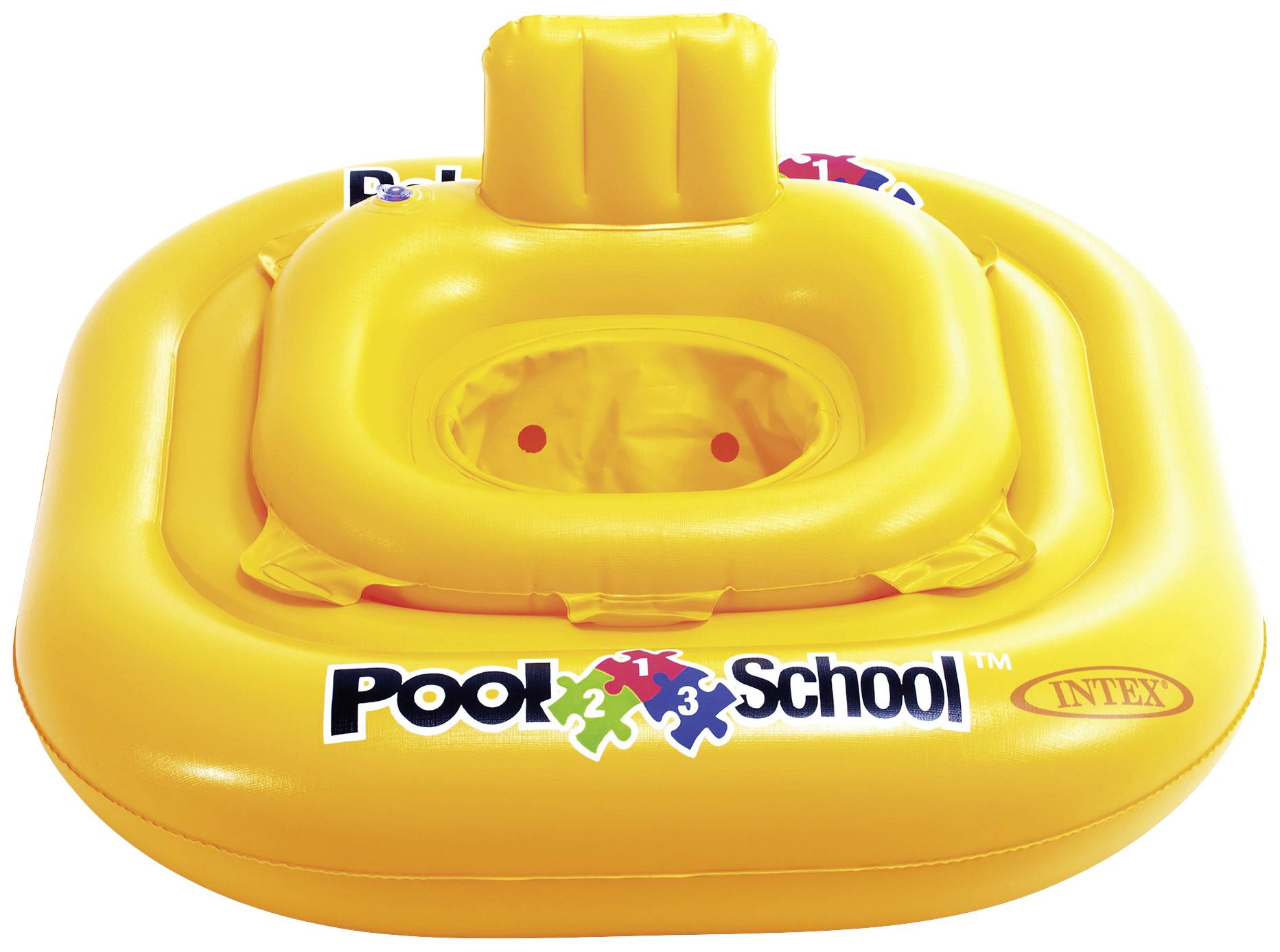 Dispositif de flottaison gonflable jaune pour enfants portant l'inscription 'Pool School'. Il est doté d'un siège et offre une sécurité lors de la baignade.
