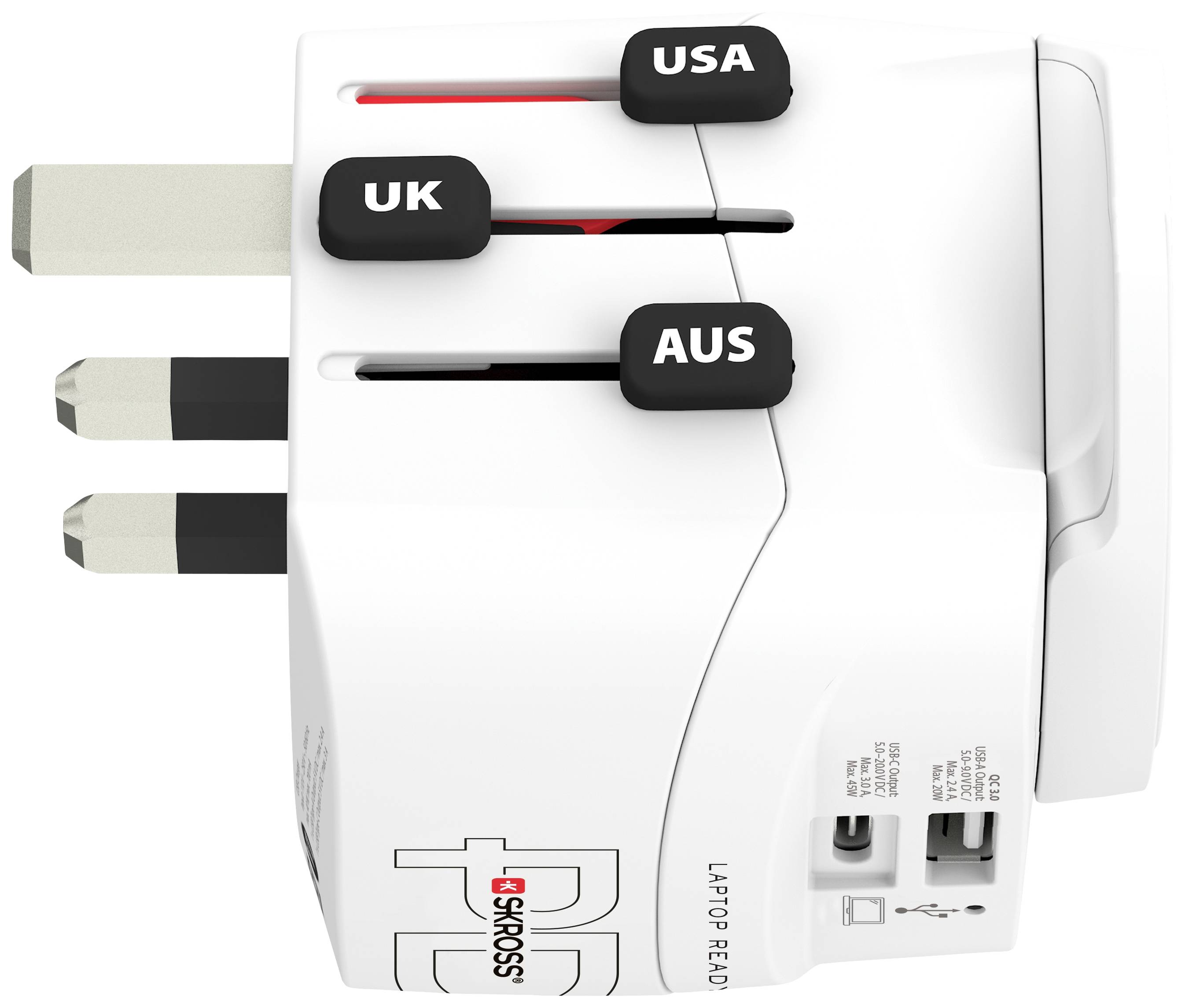 Adaptateur de voyage universel avec fiches pour Royaume-Uni, États-Unis et Australie. Marqué 'LAPTOP READY'. Deux ports USB disponibles.
