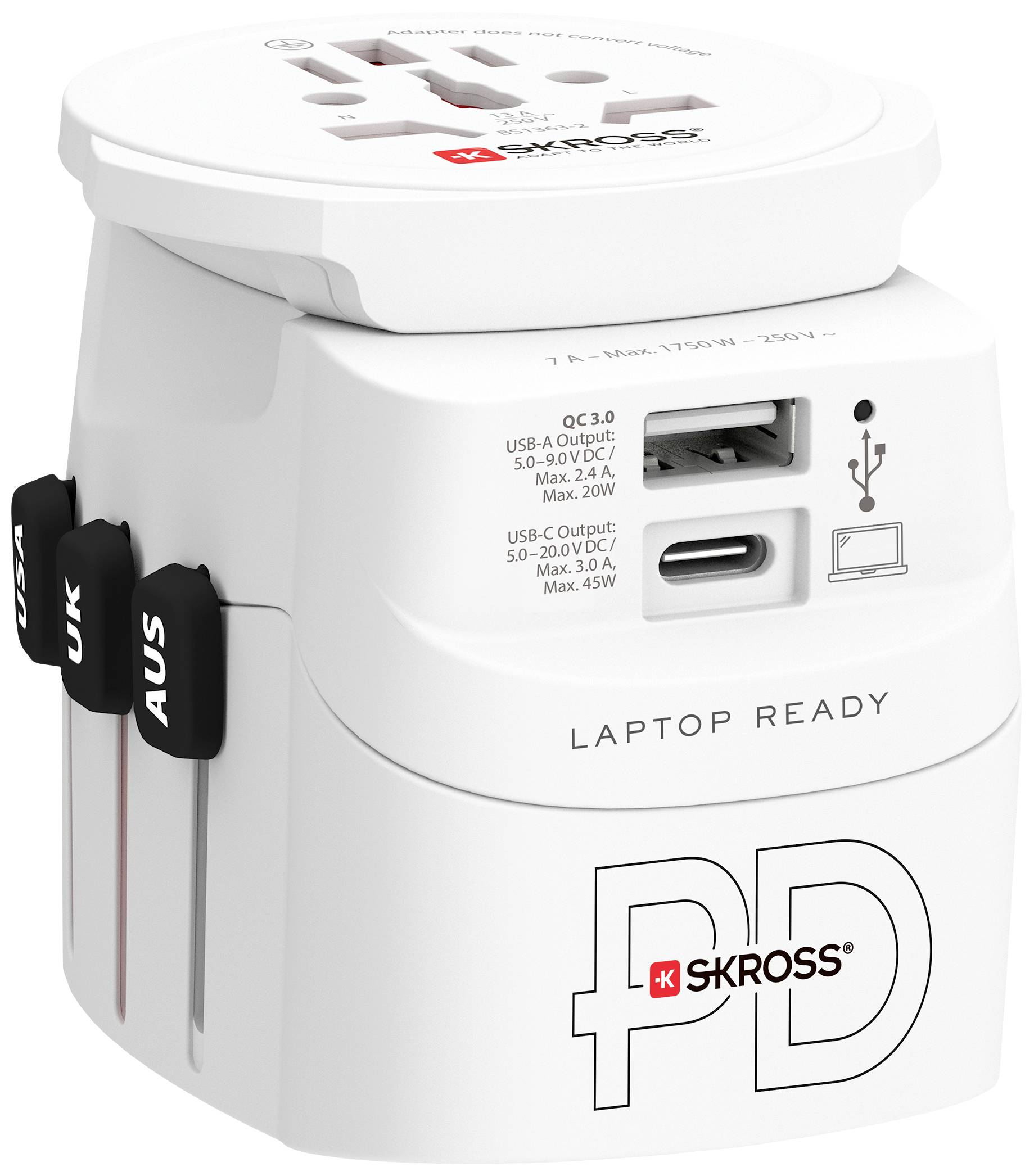 Adaptateur de voyage blanc de la marque SKROSS avec ports USB et USB-C ainsi que des prises internationales pour le Royaume-Uni, l'Australie et l'Europe.