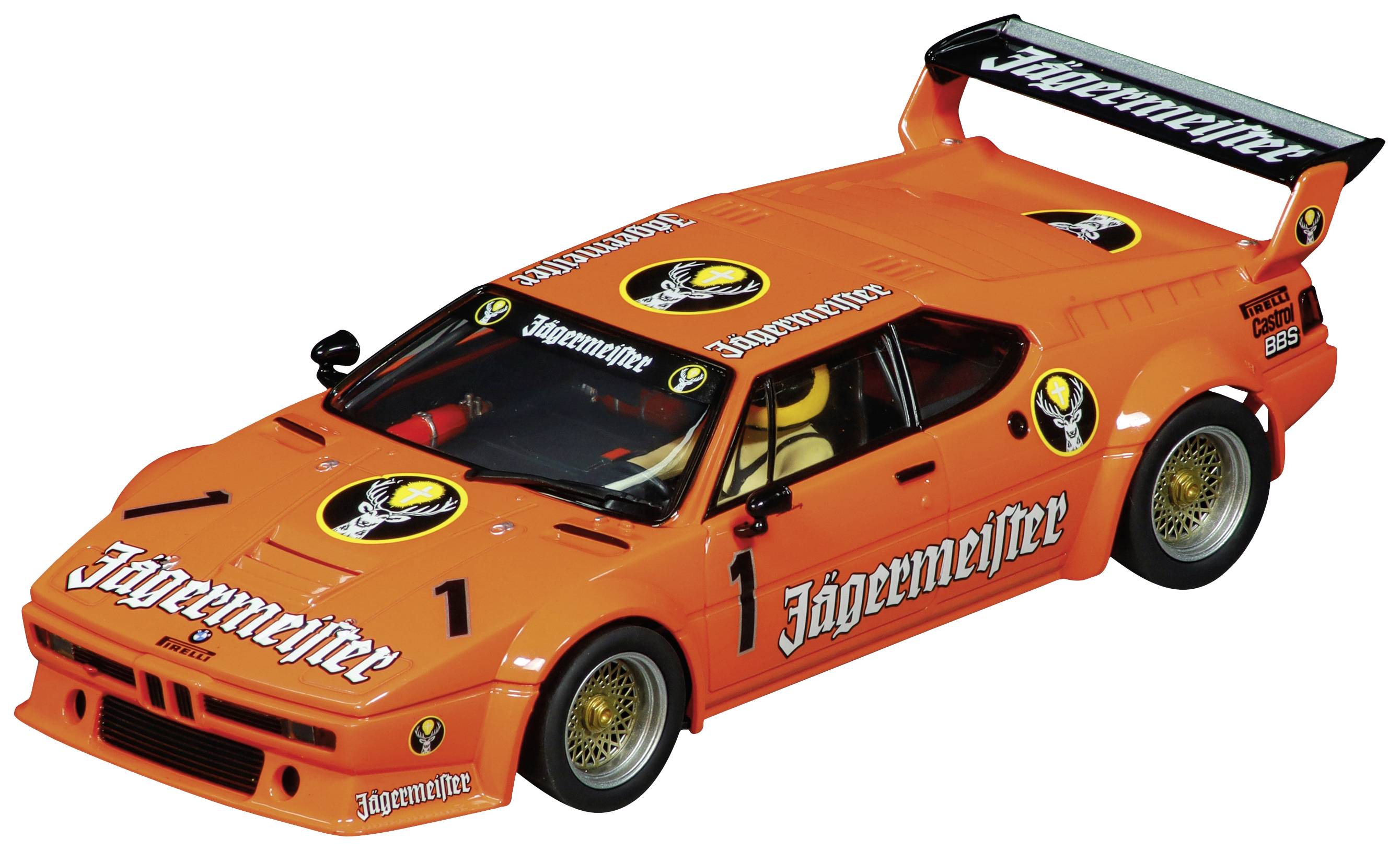 Une voiture miniature orange de style course de compétition, arborant les logos Jägermeister et équipée d'un aileron.