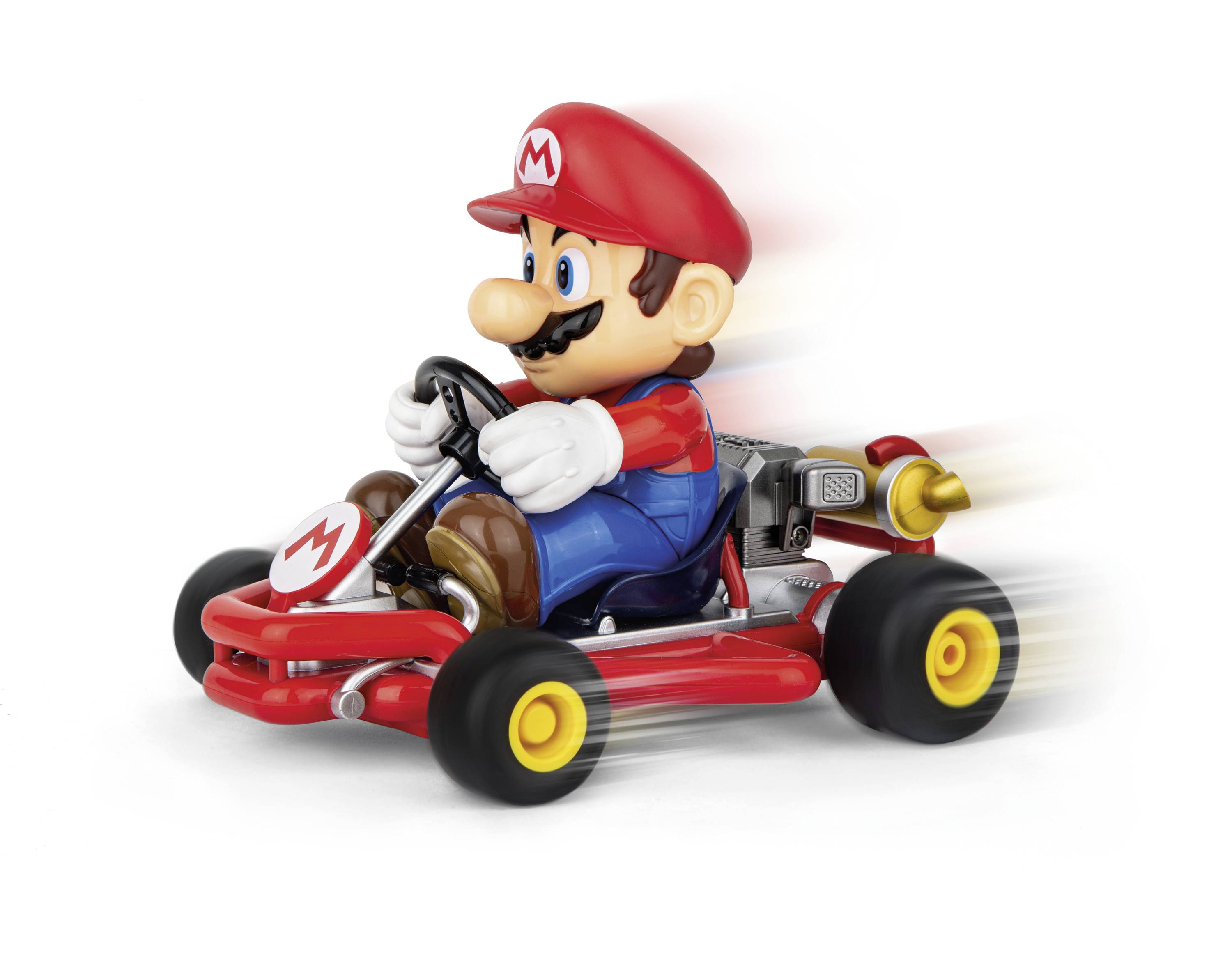 Un homme vêtu de rouge et portant une casquette conduit un petit kart rouge. Il semble rapide et dynamique.