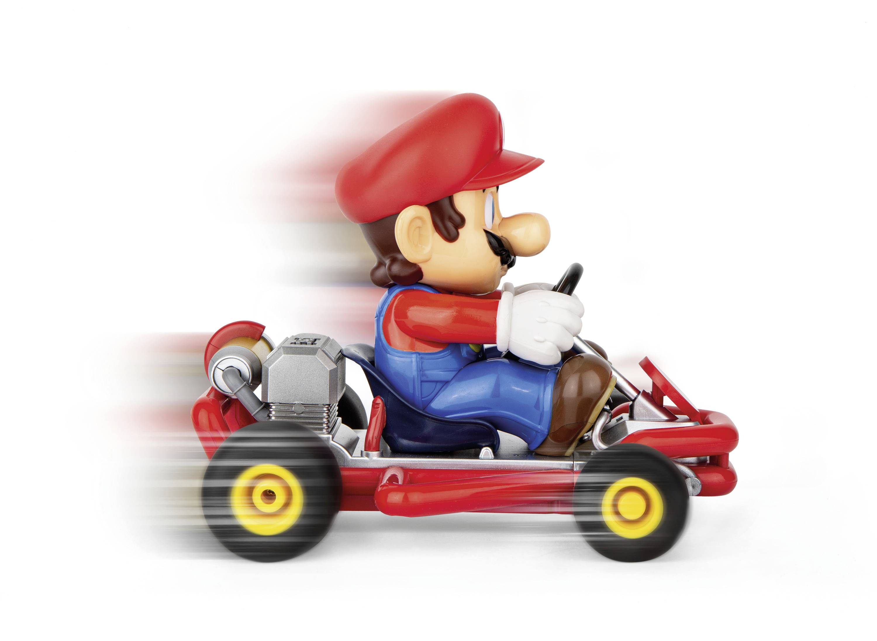 Un personnage de dessin animé portant un chapeau rouge et une salopette bleue roule rapidement vers la droite dans un kart rouge.