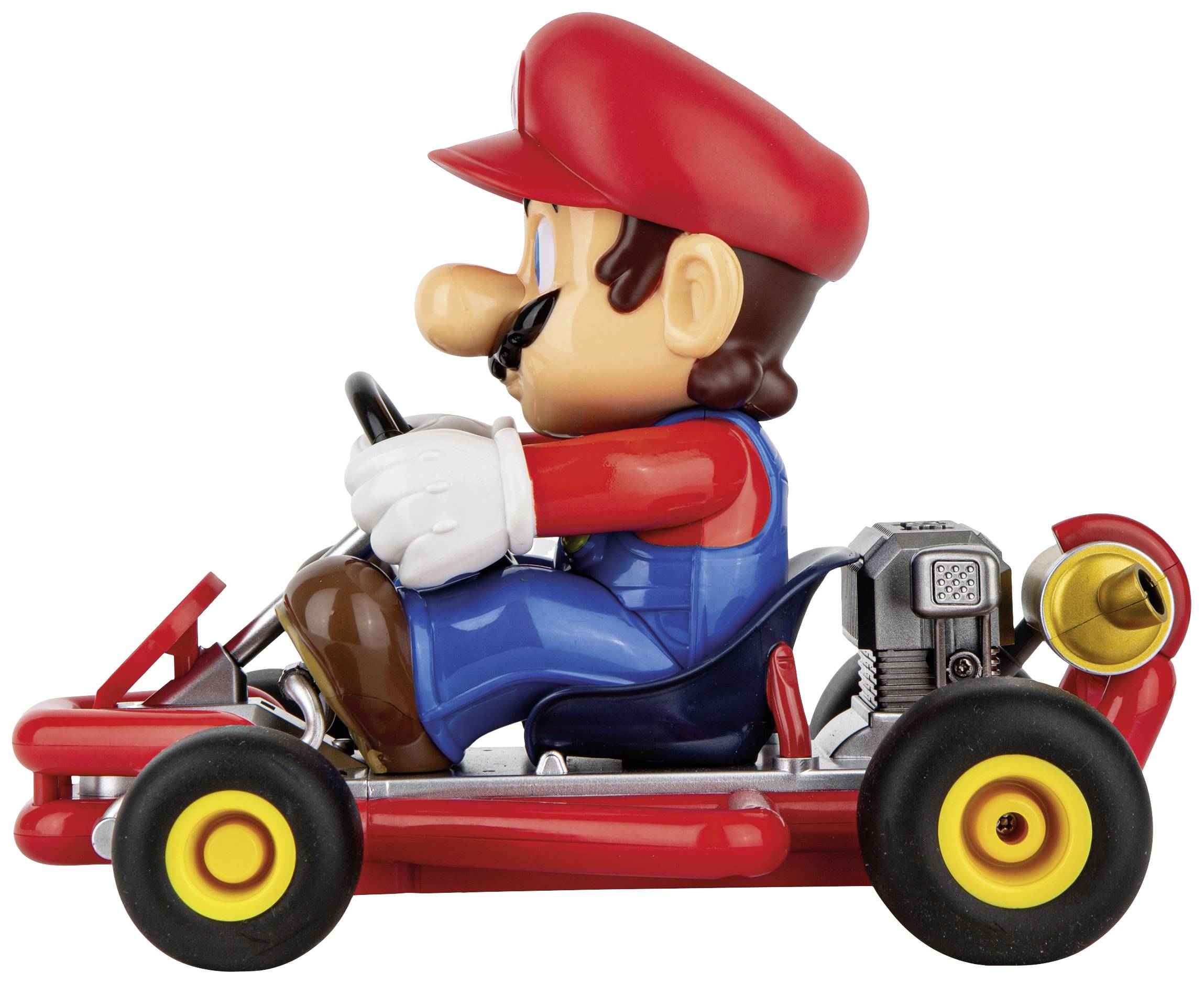 Une voiture miniature sous la forme d'un karting avec une figurine portant un costume rouge et bleu et un chapeau rouge au volant.