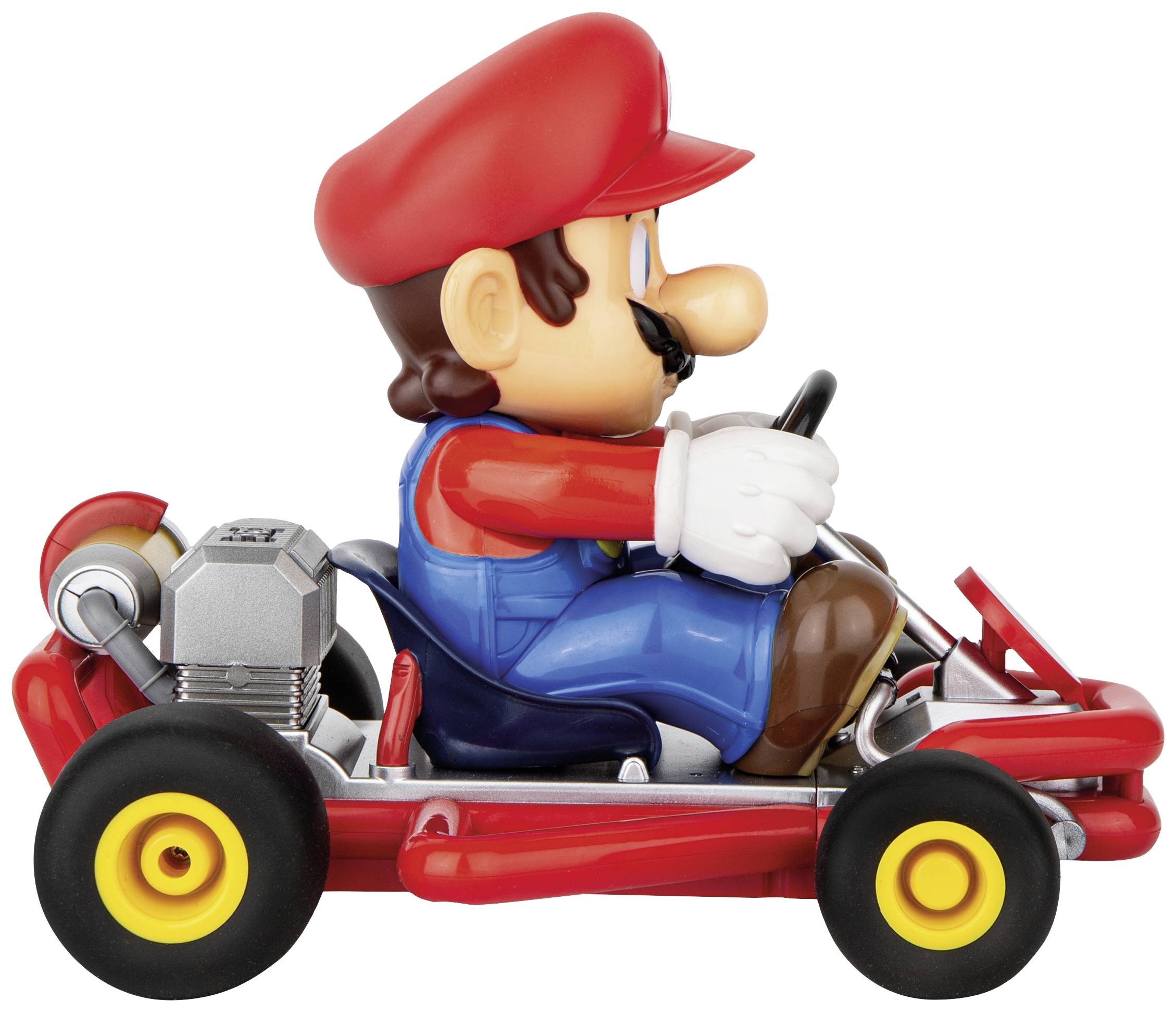 Figurine d'un homme portant une casquette rouge et une combinaison bleue dans un kart. Vue de profil, accent mis sur les détails du véhicule.