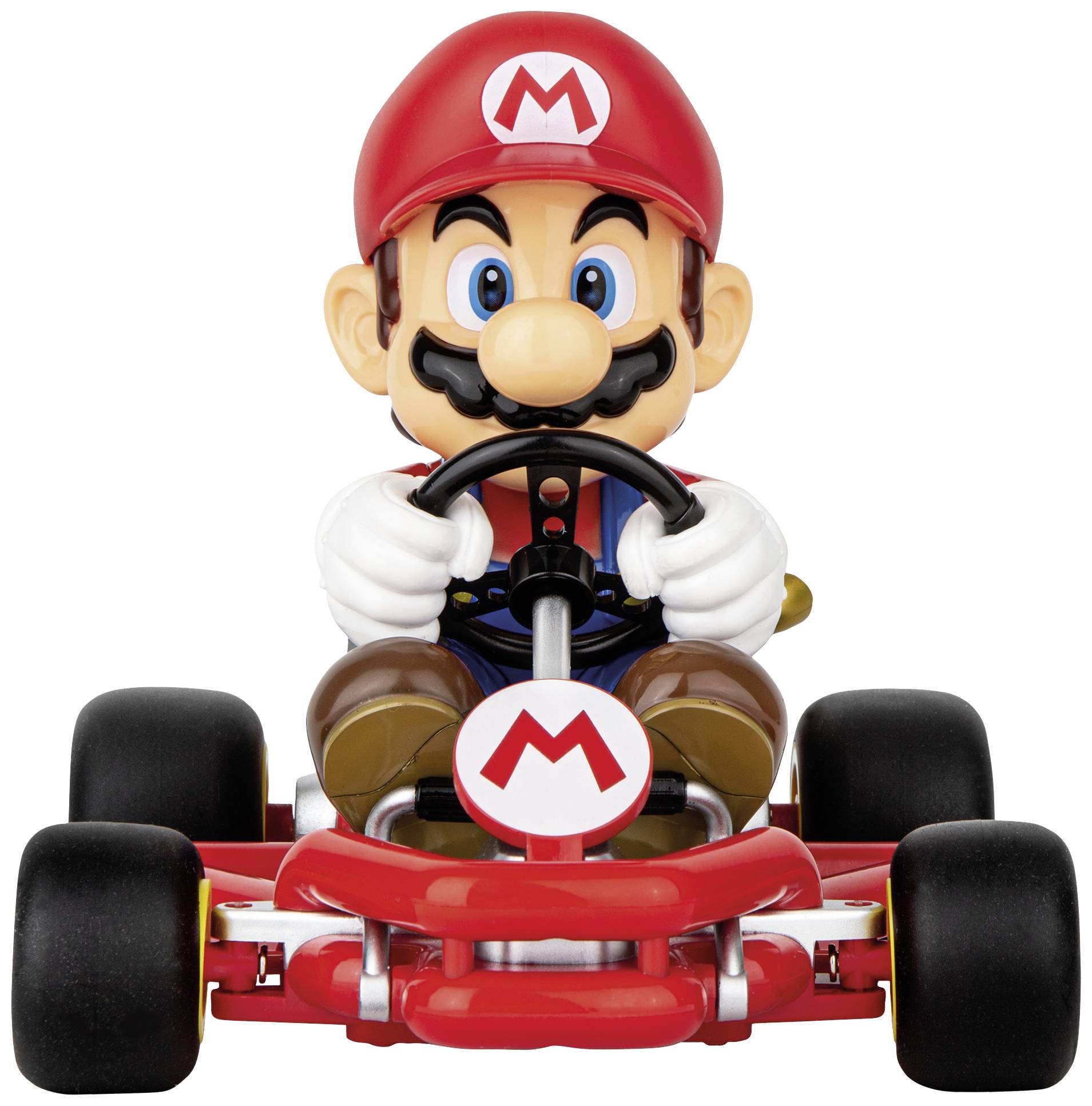 Un personnage en combinaison rouge et casque rouge conduit un kart rouge avec un logo 'M' sur l'avant.