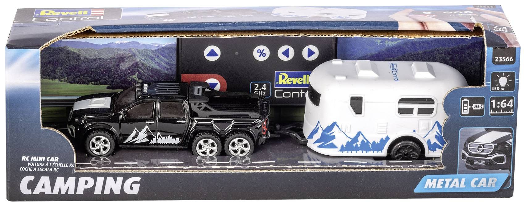 Ensemble de jouet 'Revell Control' avec un pick-up noir et une caravane blanche avec des montagnes bleues en arrière-plan, à l'échelle 1:64, emballage.