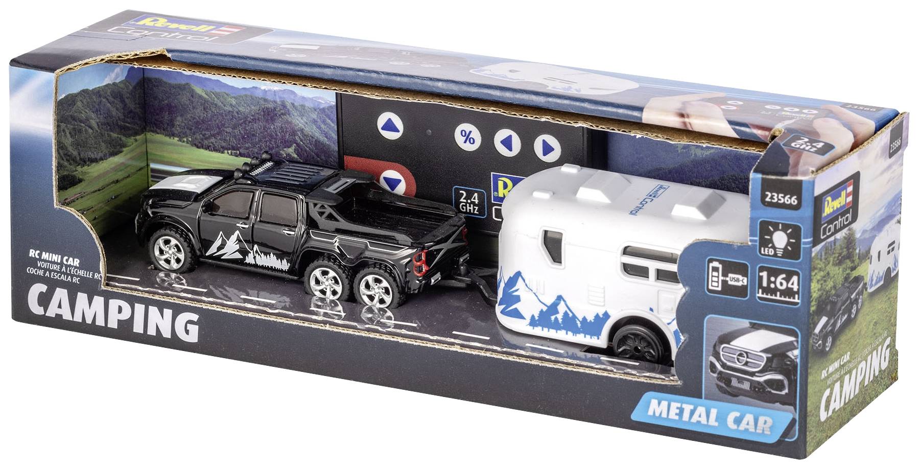 Ensemble de jouet 'RC Mini Camping-Car' comprenant une voiture miniature noire et une caravane blanche. L'emballage présente un paysage de montagne.