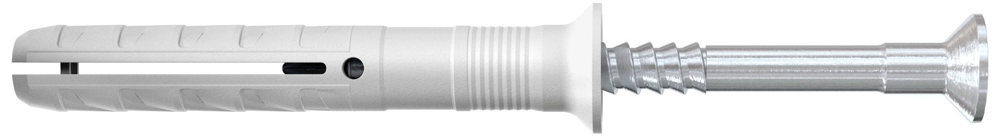 Un cheviller à frapper en plastique et métal, adapté pour la fixation dans le béton ou la maçonnerie, avec tige striée et pointe conique.