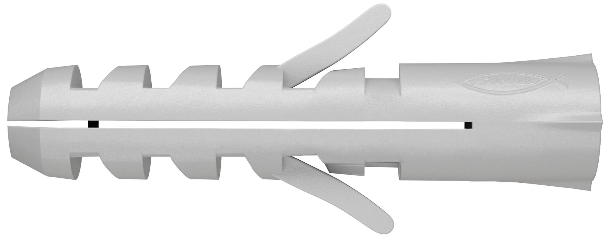 Cheville en plastique grise sur fond blanc, munie de quatre ailettes flexibles pour une fixation sécurisée dans les murs ou autres surfaces.