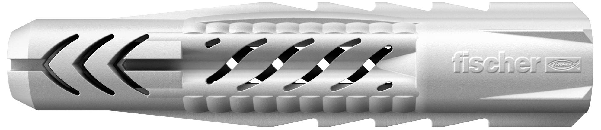 Un cheville blanche en nylon avec un corps cylindrique et des rainures le long de la surface. Nom de marque 'fischer' sur le côté.