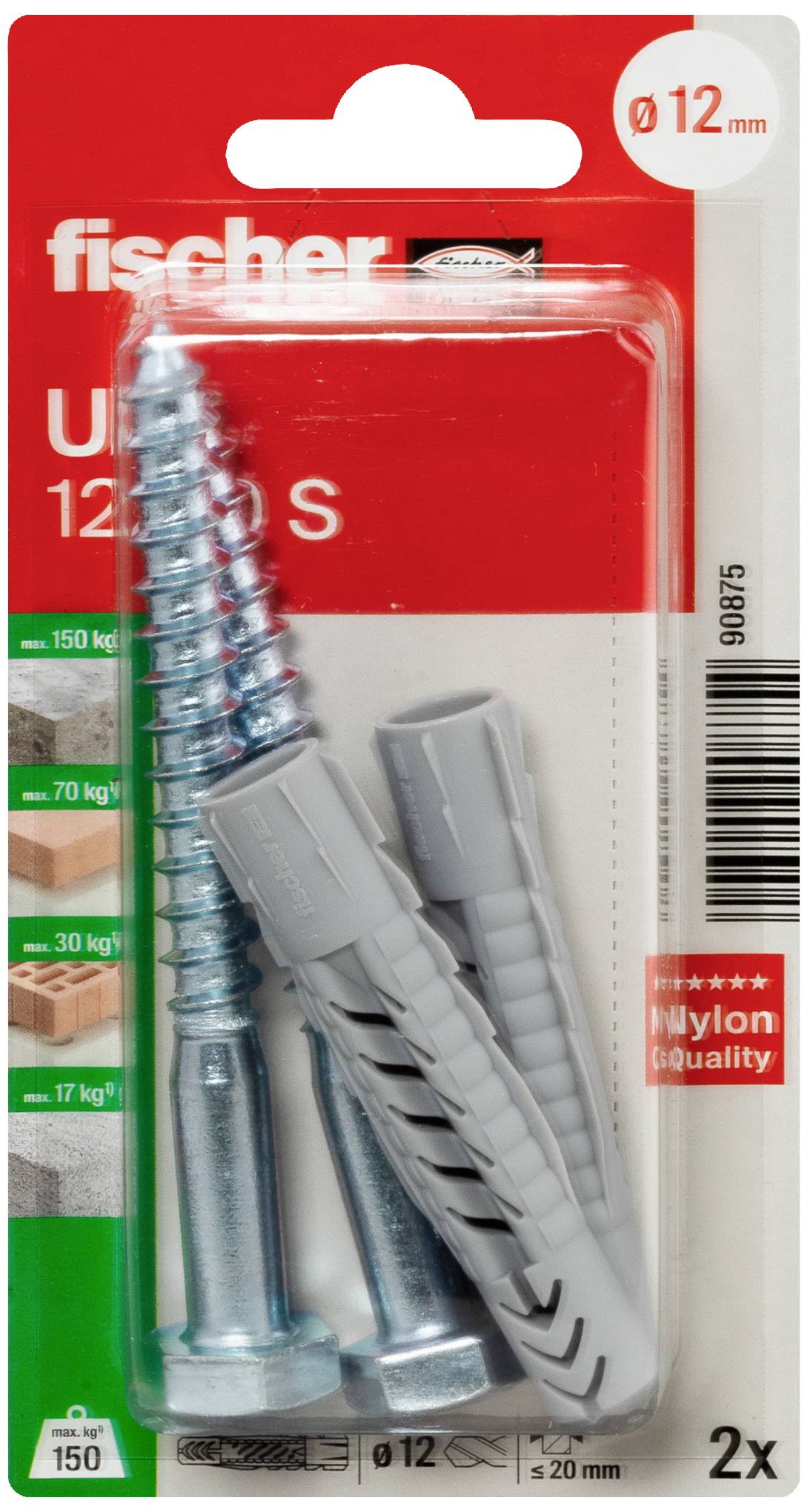 Blisterverpackung mit zwei Metallbolzen und Dübeln für Wandbefestigung, Marke Fischer, geeignet für Ziegel-, Beton- und Hohlblockwände. Durchmesser: 12 mm.