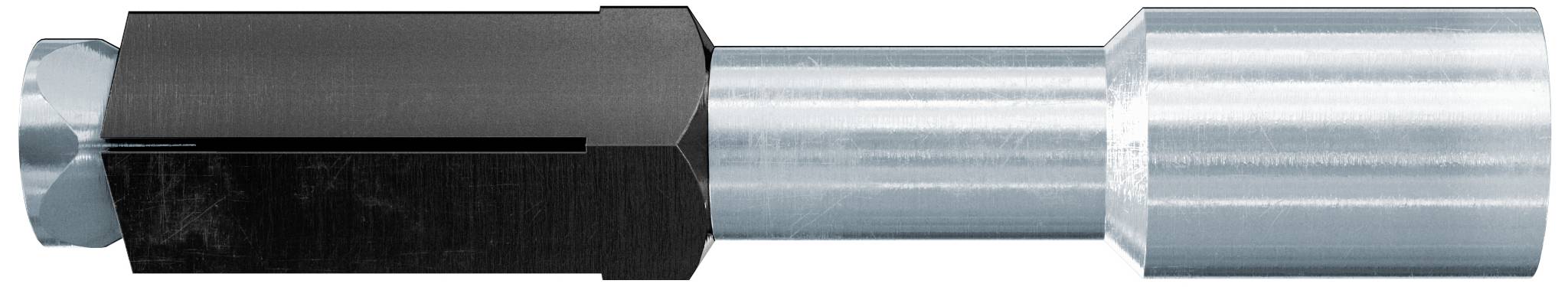 Pièce cylindrique en métal avec une section noire fixée à une tige cylindrique argentée.