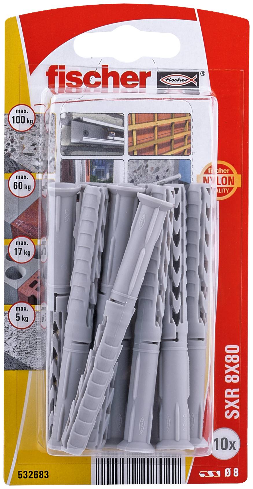 Un chevillet gris strié et rainuré, portant la mention 'fischer SX' sur le côté, sert à une fixation sûre dans les murs.