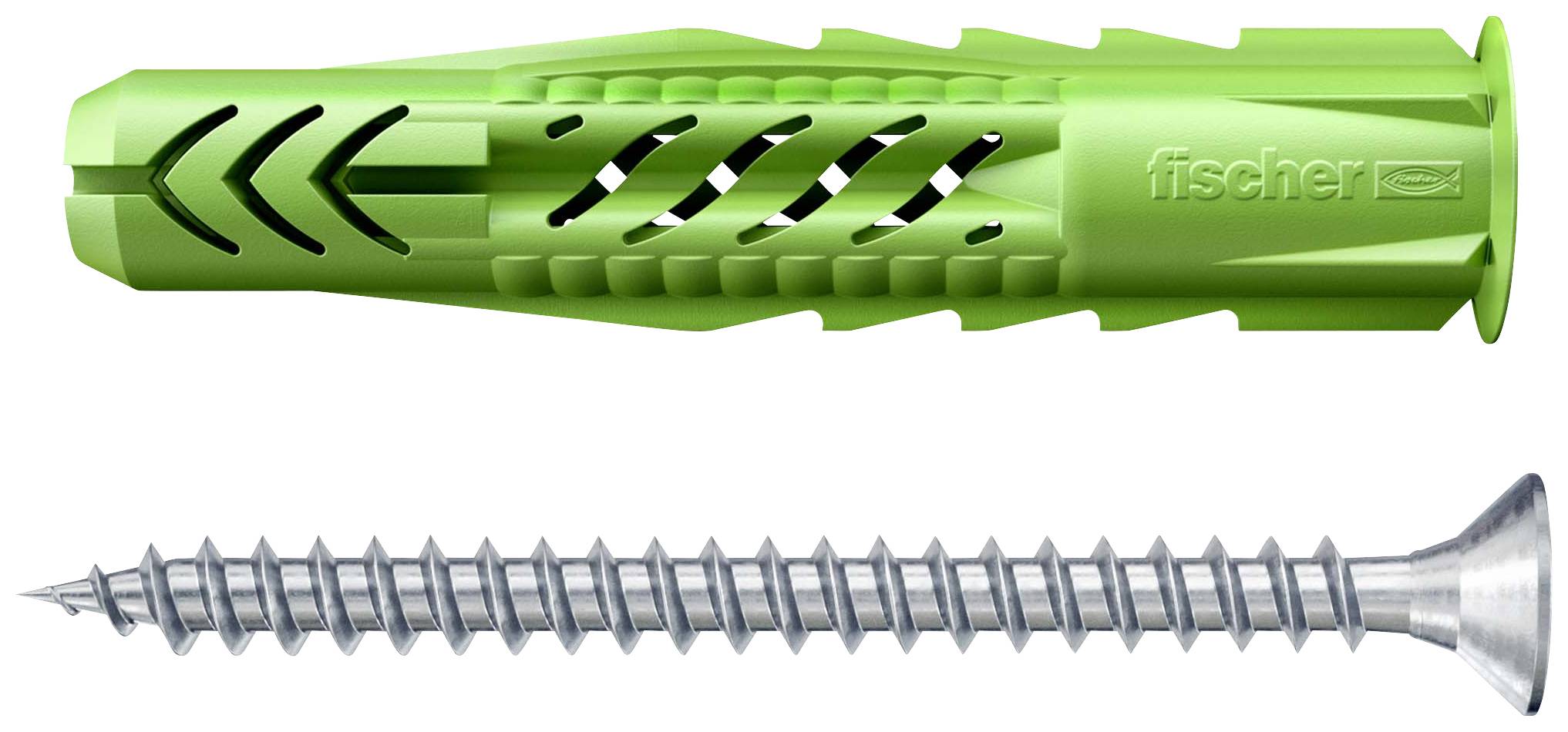Cheville verte et vis argentée, disposées horizontalement. La cheville présente un design dentelé et est conçue pour une fixation solide.