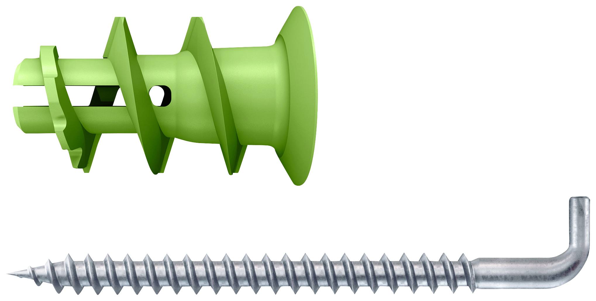 Cheville verte et vis métallique côte à côte ; cheville adaptée pour une fixation murale stable dans les plaques de plâtre.