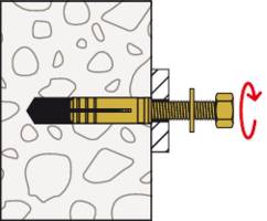 Ancrage métallique fixé dans un mur. Une vis est tournée dans le sens des aiguilles d'une montre pour sécuriser l'ancre.
