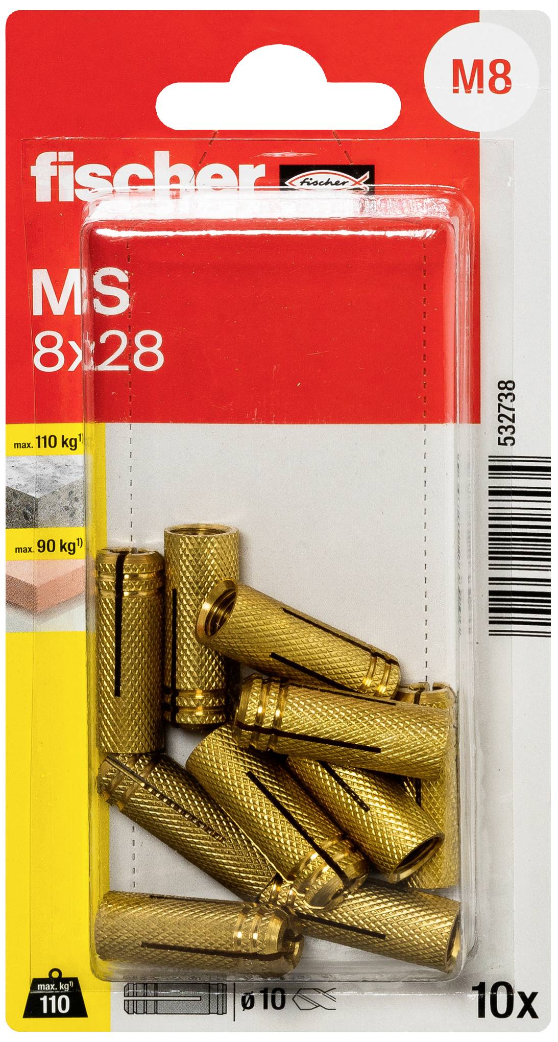 Emballage contenant dix chevilles métalliques expansibles Fischer MS 8x28, adaptées pour des charges de 110 kg et 90 kg.