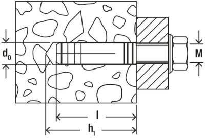 Dessin technique d'un goujon d'ancrage en béton avec les dimensions d0, h1, l et M. Représentation du positionnement dans la section transversale du matériau.