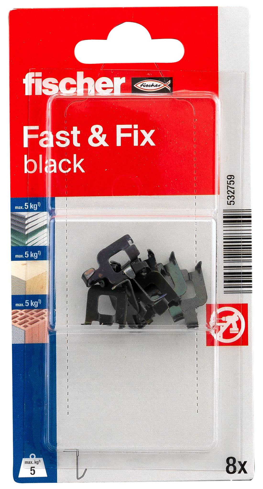 Clip noir en plastique en forme de U avec un symbole de poisson, servant de support ou d'élément de fixation.