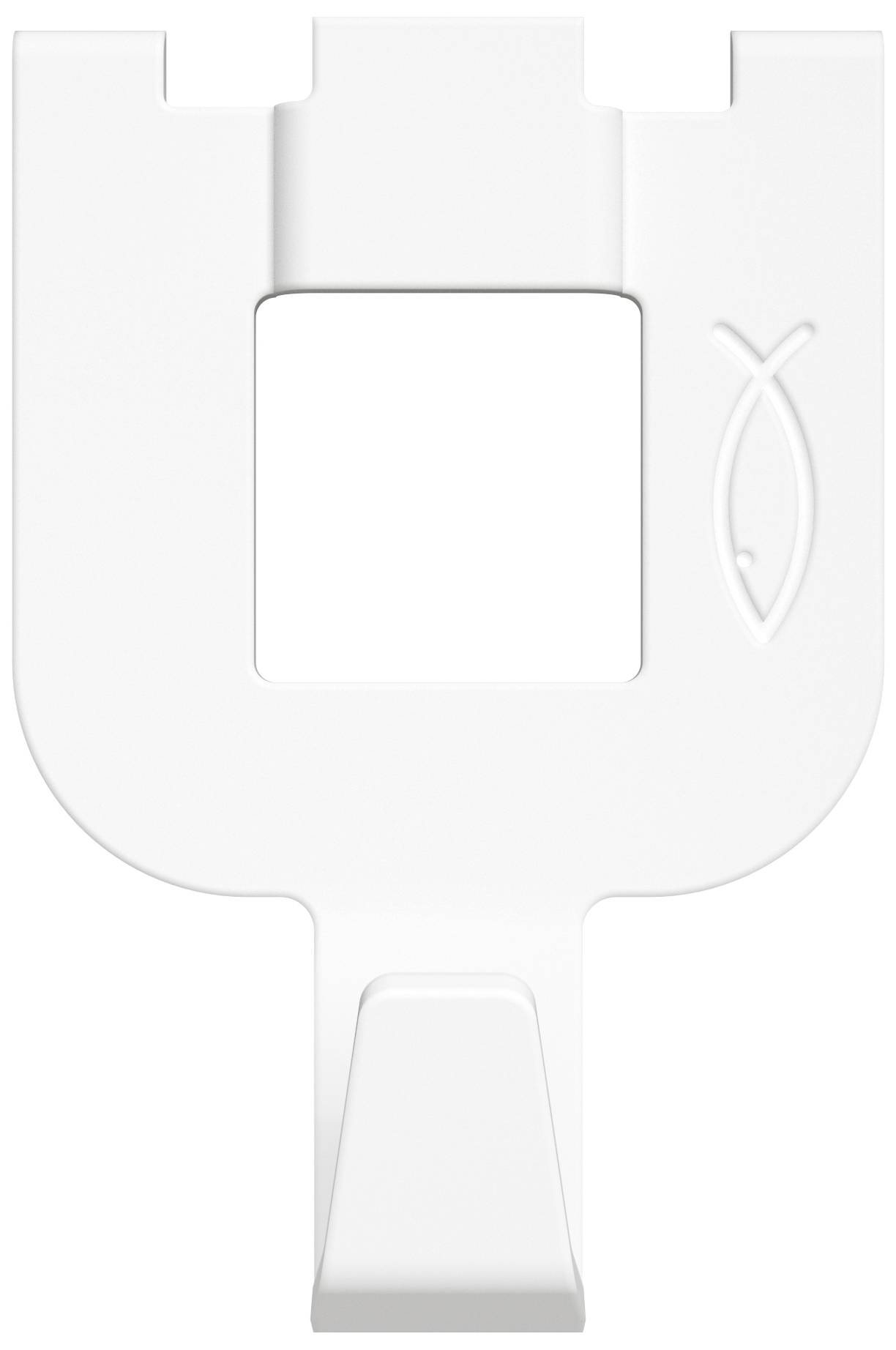 Une fixation en plastique blanc en forme de U, avec une découpe rectangulaire et un symbole de poisson sur le côté droit.